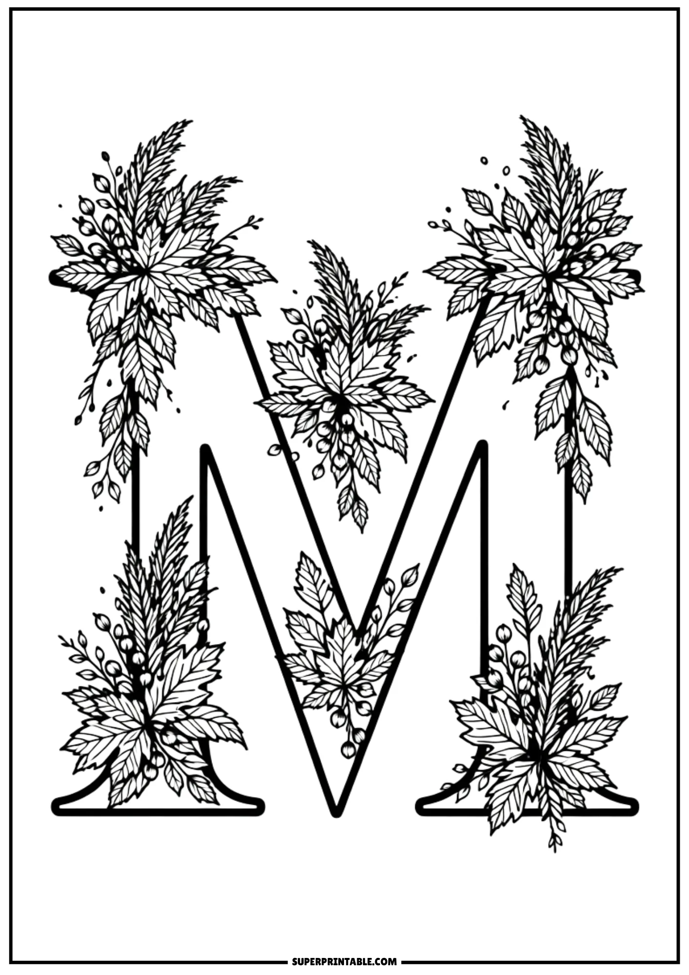 Uppercase letter M coloring sheet adorned with five lush autumn leaf clusters