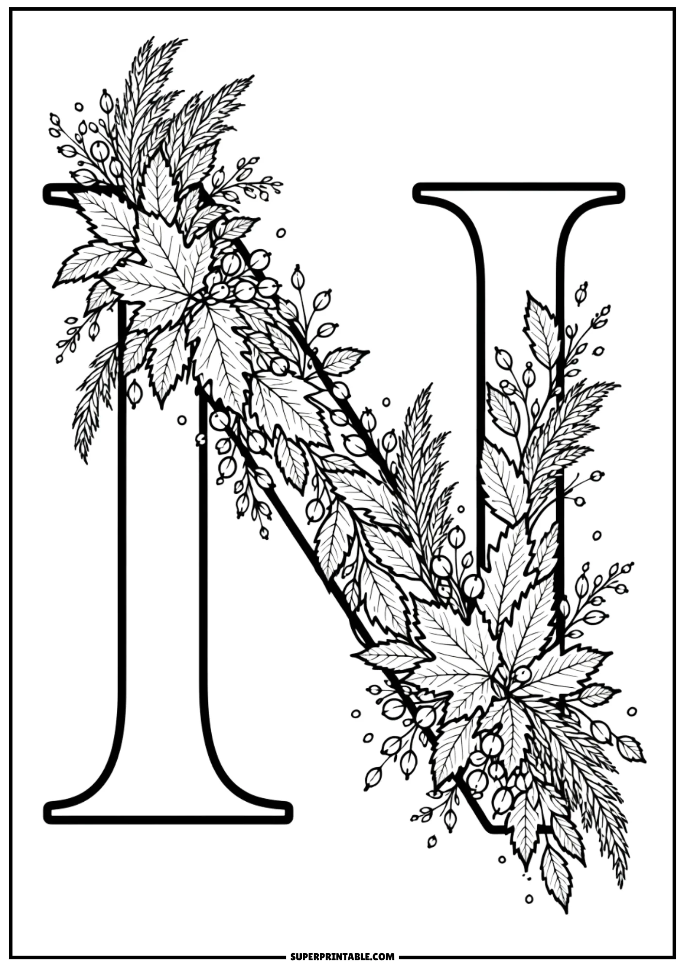 Elaborate autumn leaf garland winding across a bold letter N coloring template