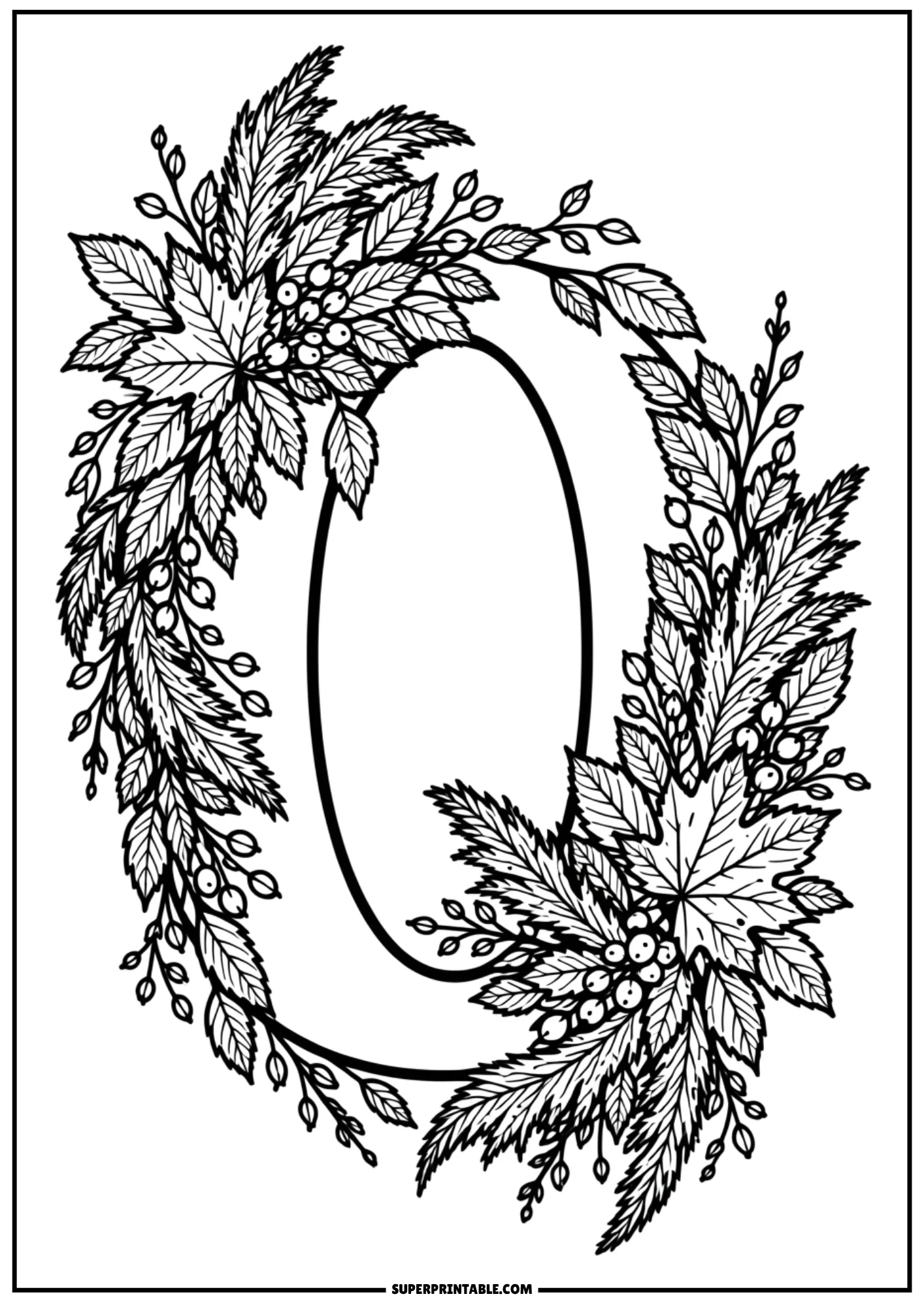Letter O decorated as a full autumn wreath with wheat plumes and fall leaves