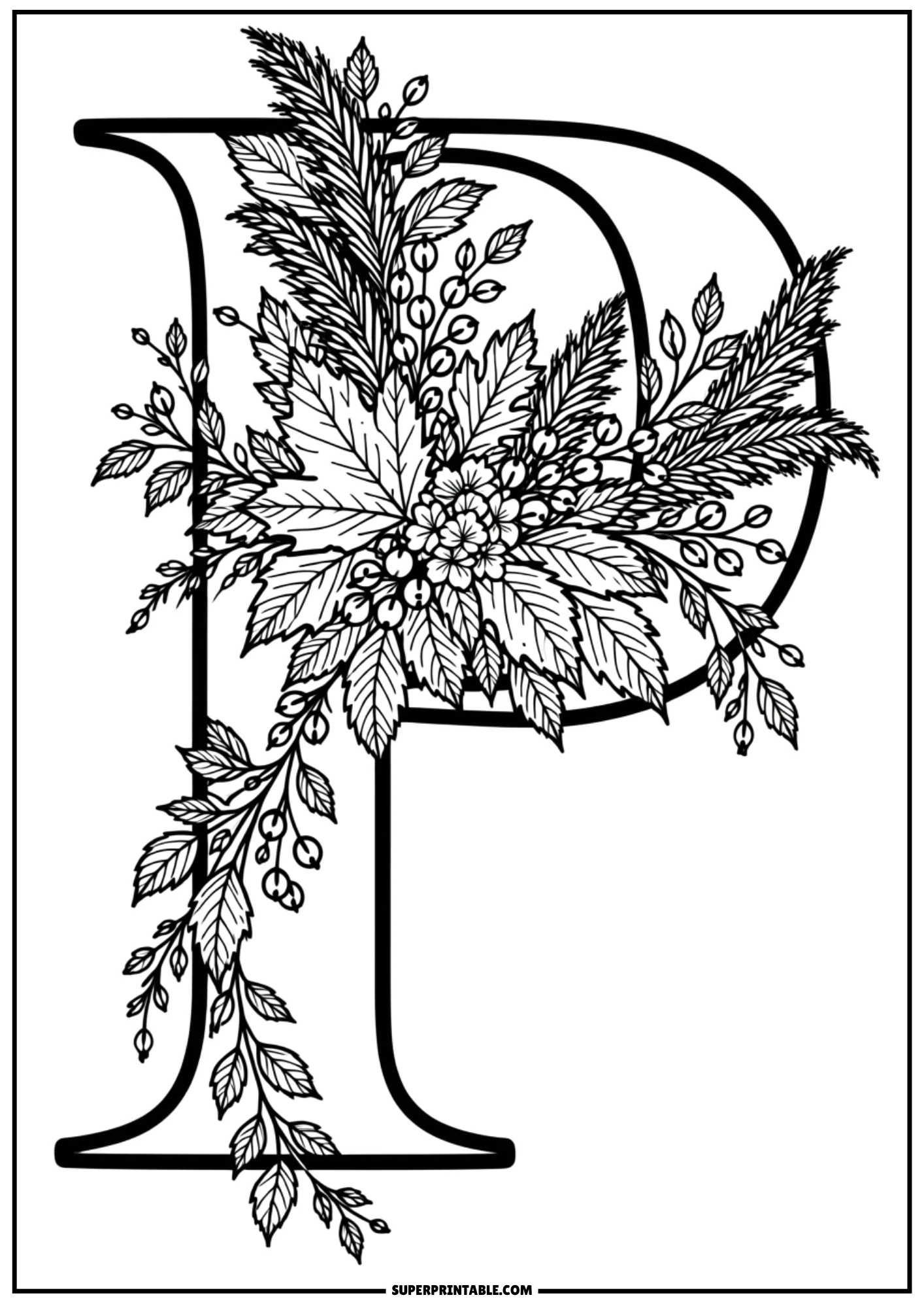 Letter P coloring page with cascading berry vines and autumn flower bouquet
