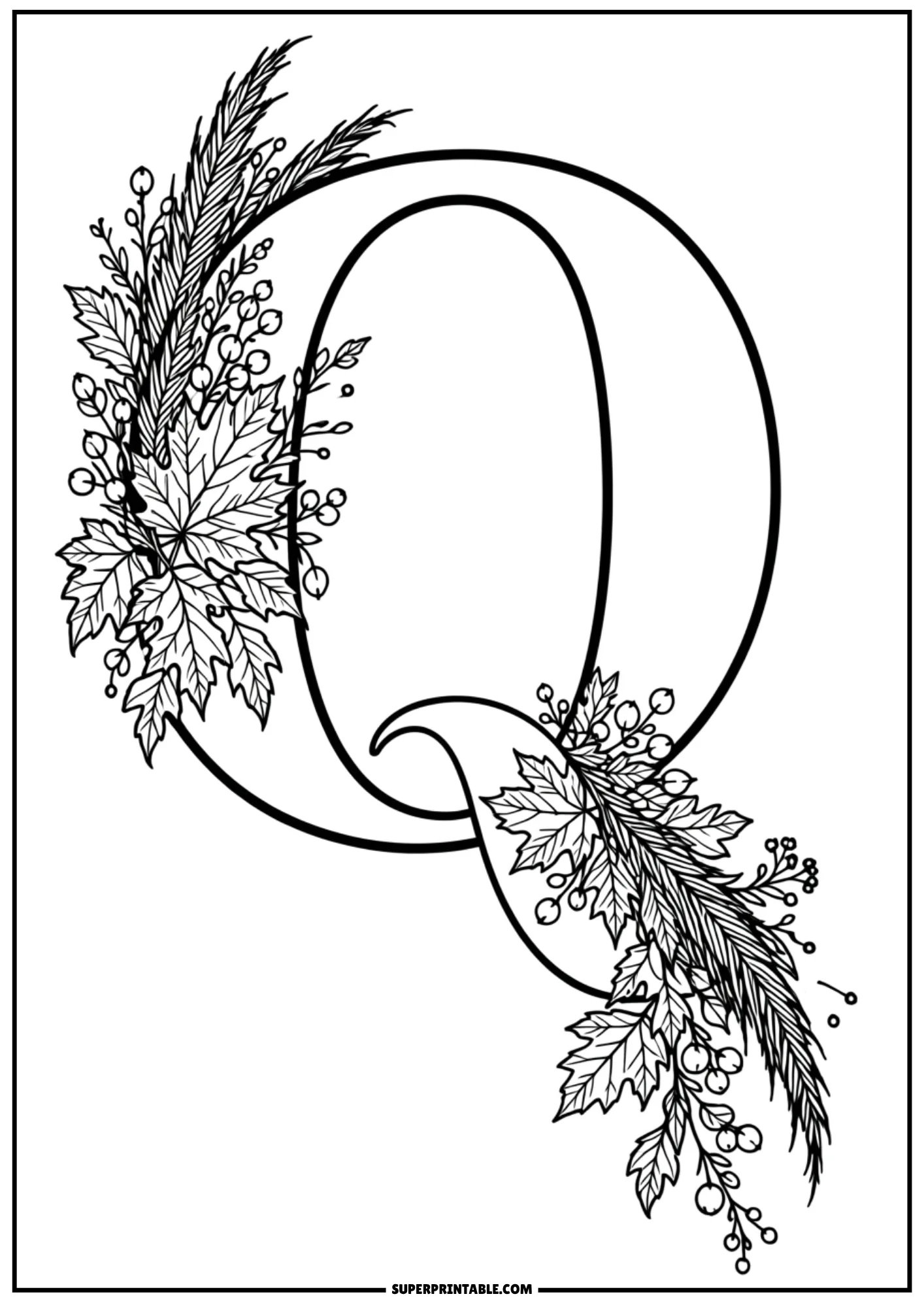 Ornate letter Q coloring sheet featuring fall leaves and a sweeping floral tail