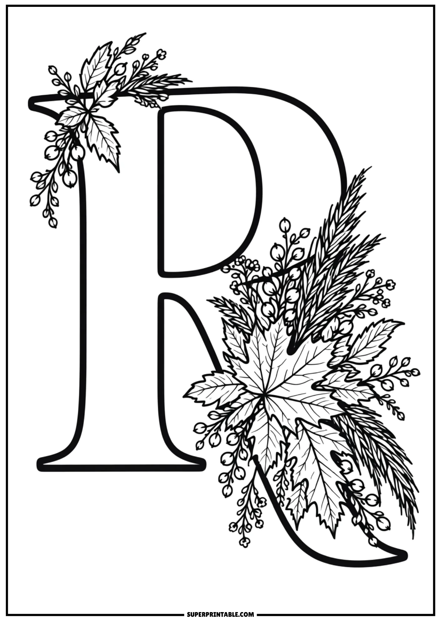 Bold letter R coloring sheet decorated with maple leaves and berry clusters