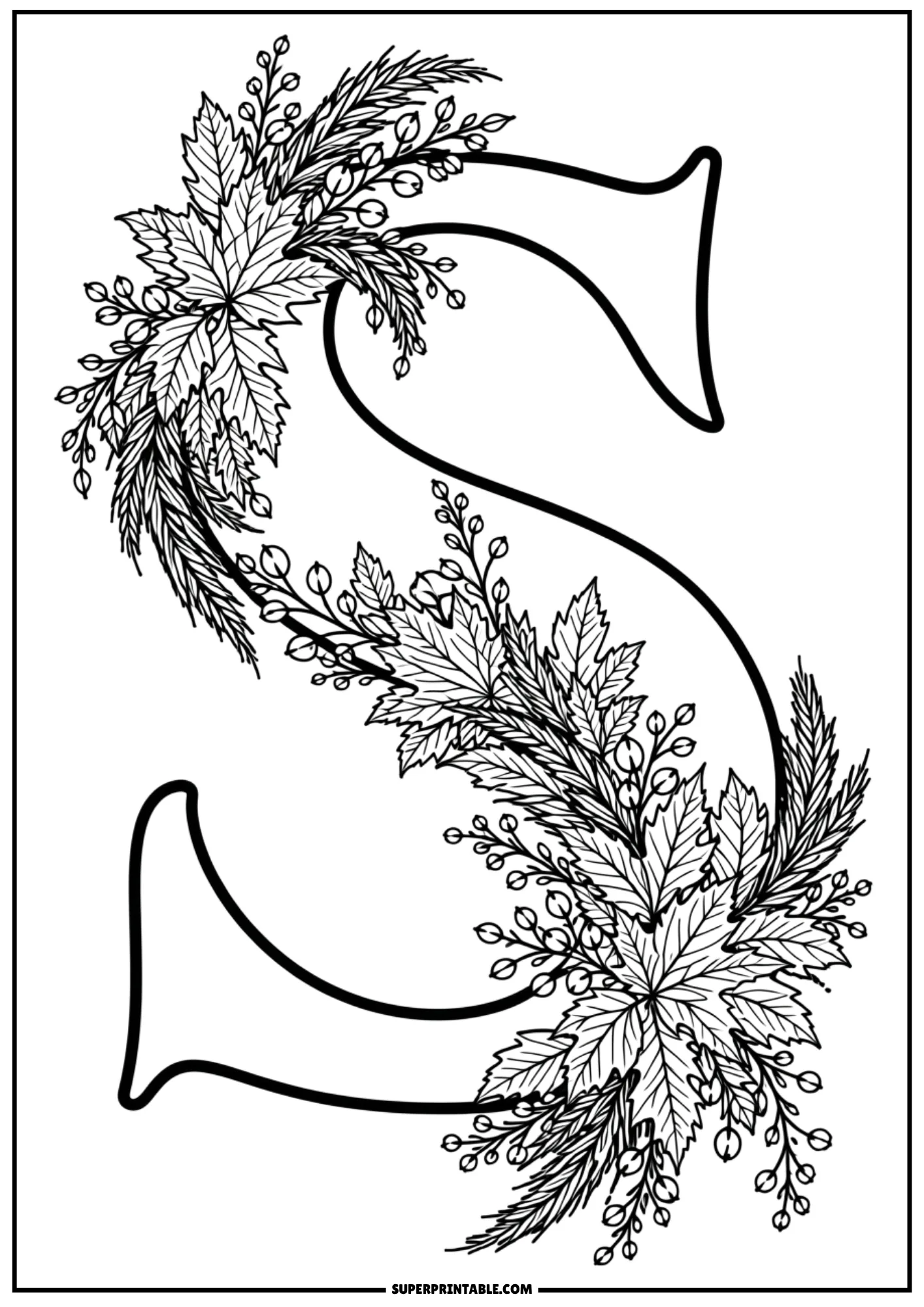 Curving letter S autumn alphabet coloring pages printable with botanical vines