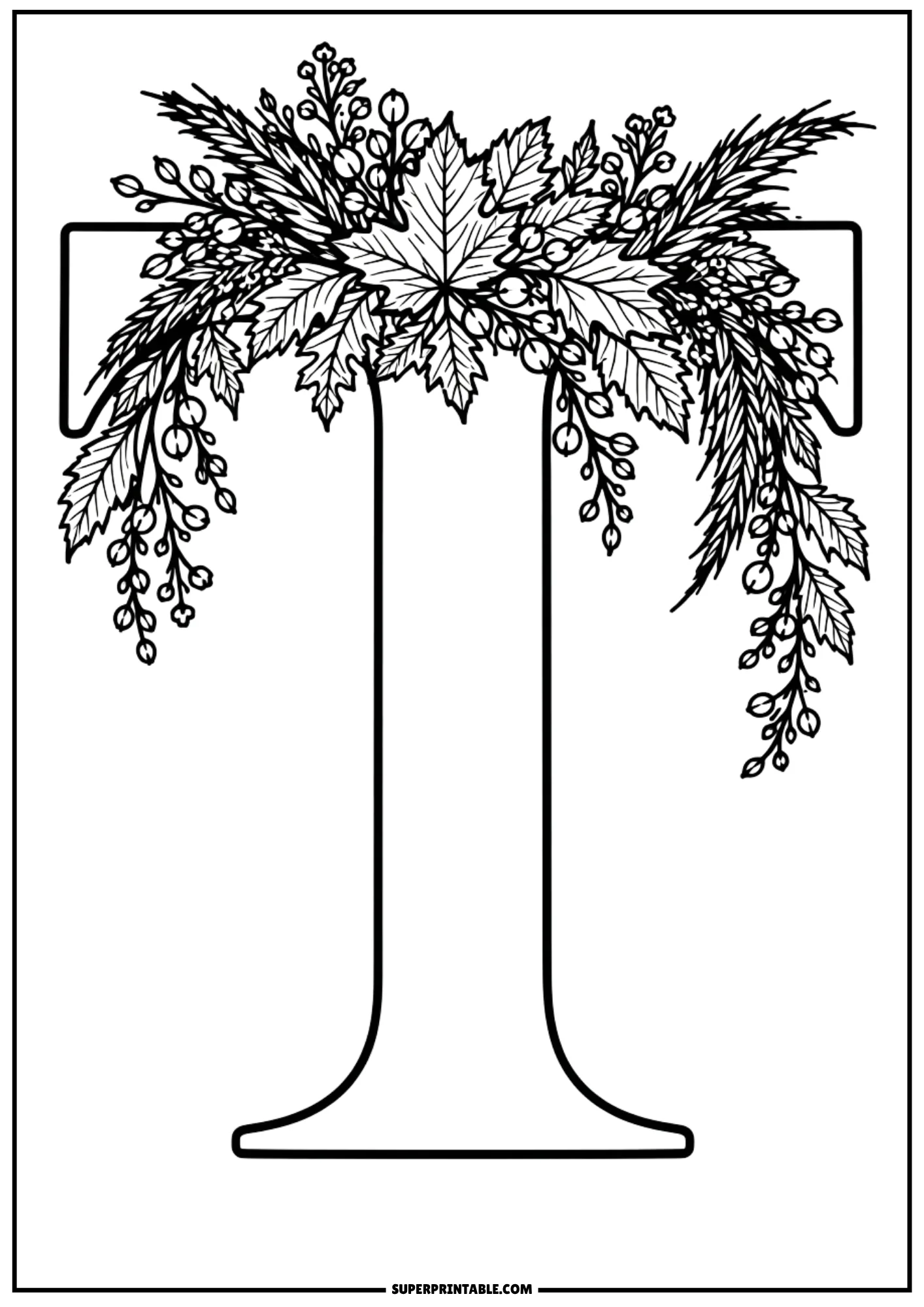 Letter T coloring sheet crowned with a symmetrical autumn leaf and berry canopy
