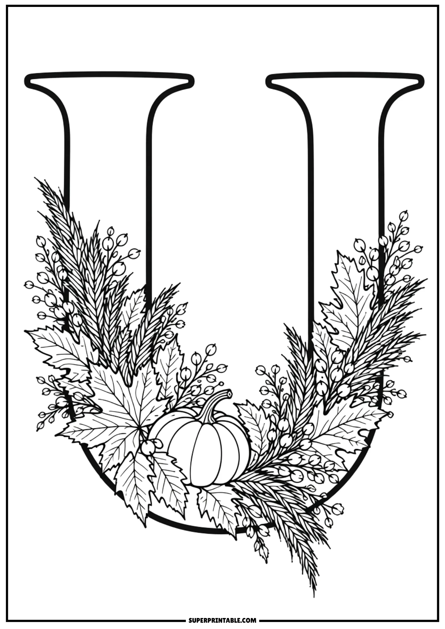 Harvest letter U coloring page with a cute pumpkin nestled among autumn greenery