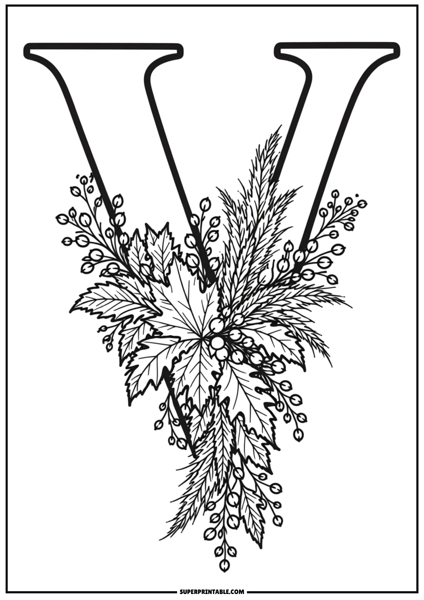Letter V coloring page filled with a centered autumn bouquet and wild berries