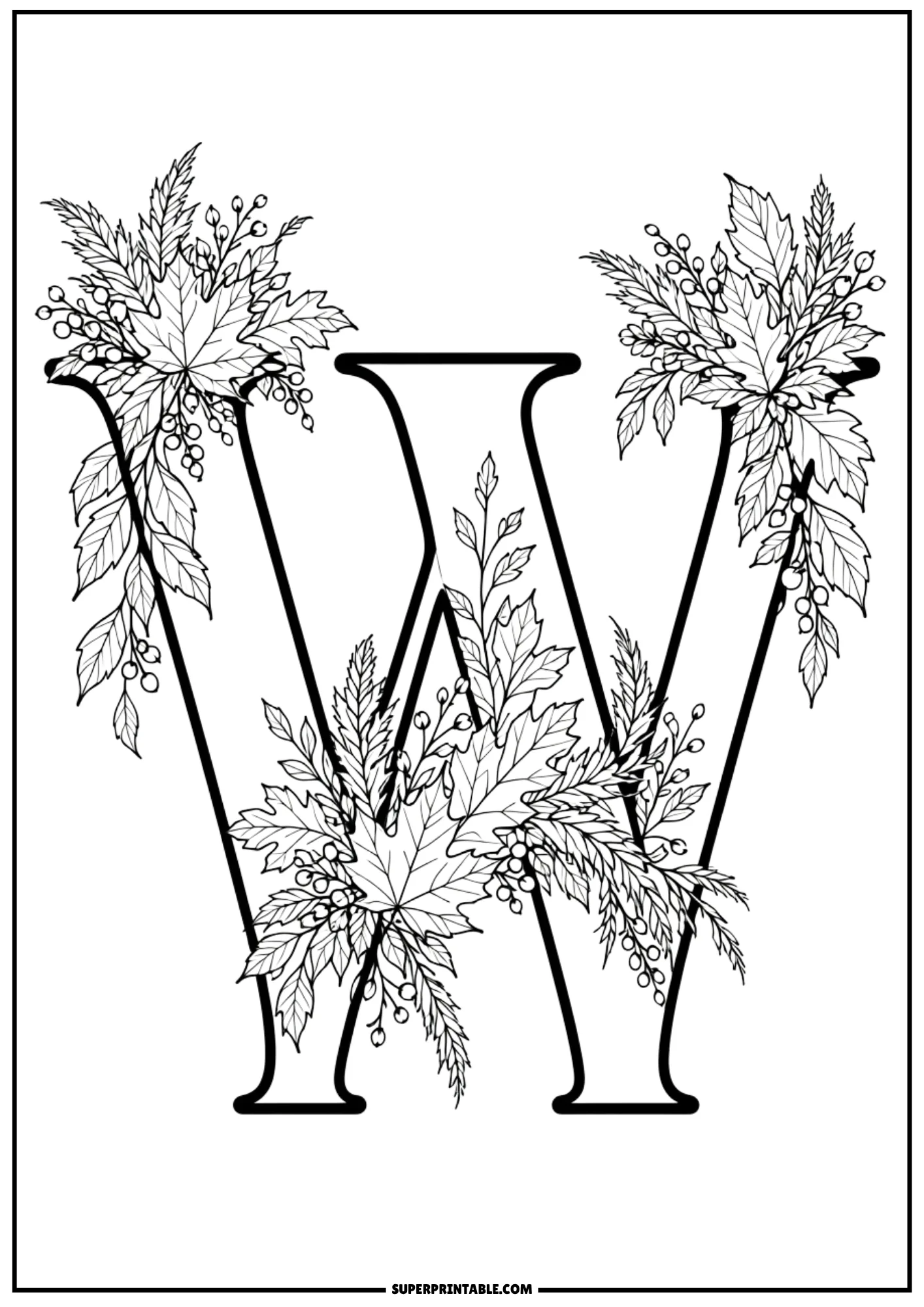 Wide letter W coloring template accented with four autumn floral arrangements