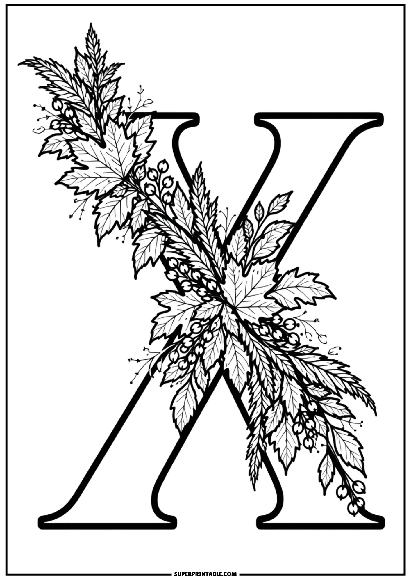Diagonal autumn leaves and berries garland draped over letter X coloring page