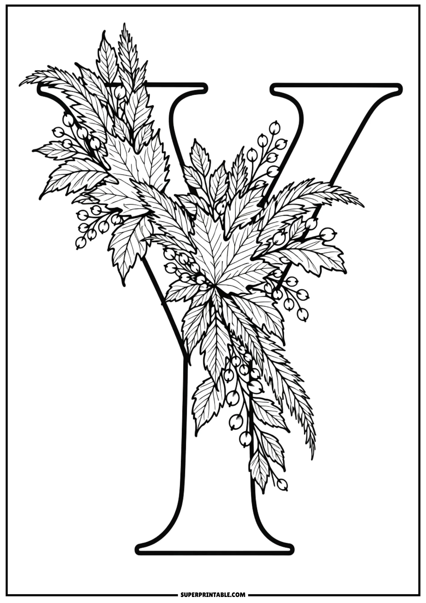 Letter Y coloring page featuring an autumn leaf bouquet nestled in the fork
