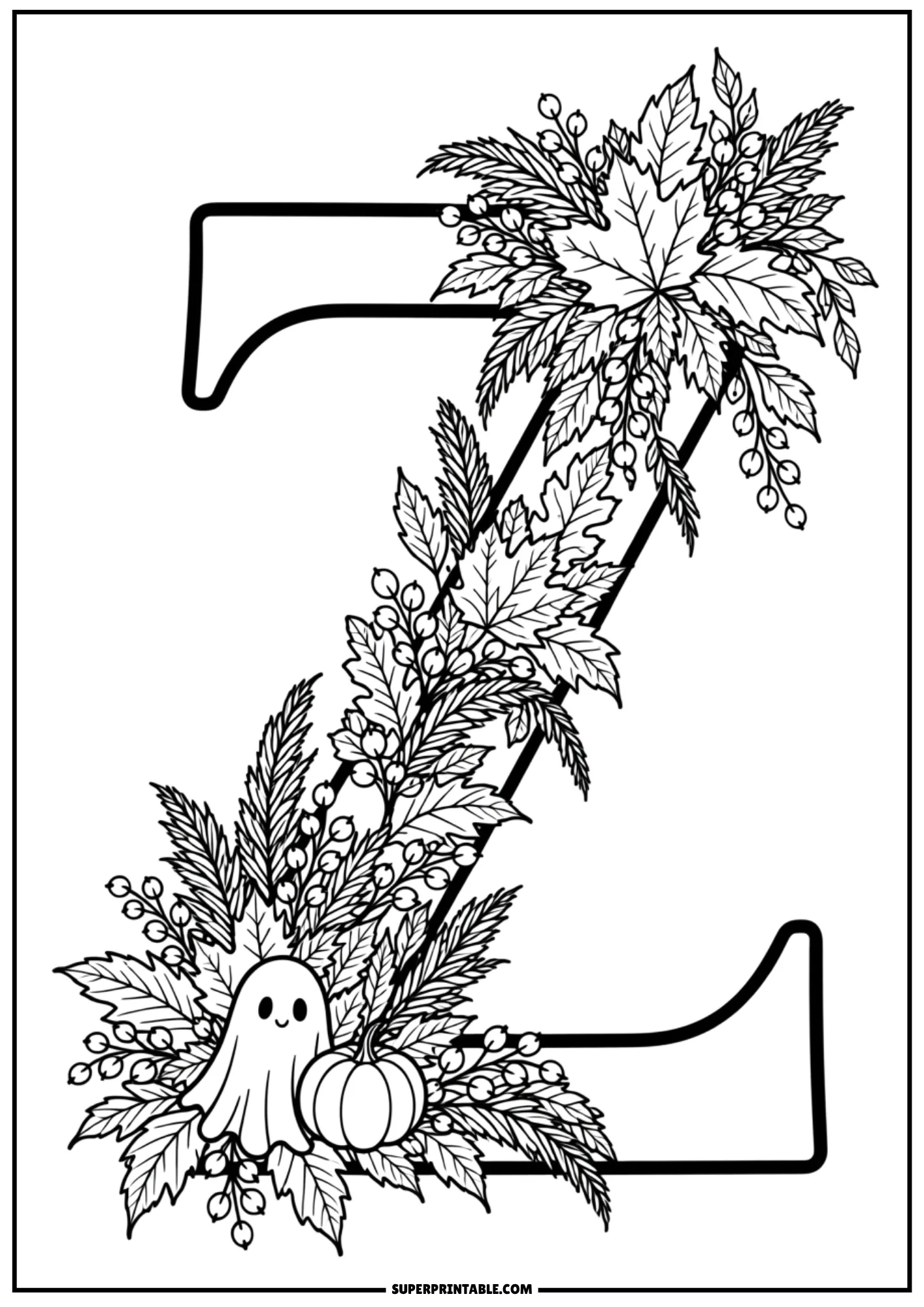 Smiling ghost and small pumpkin beside an ornate letter Z autumn coloring page