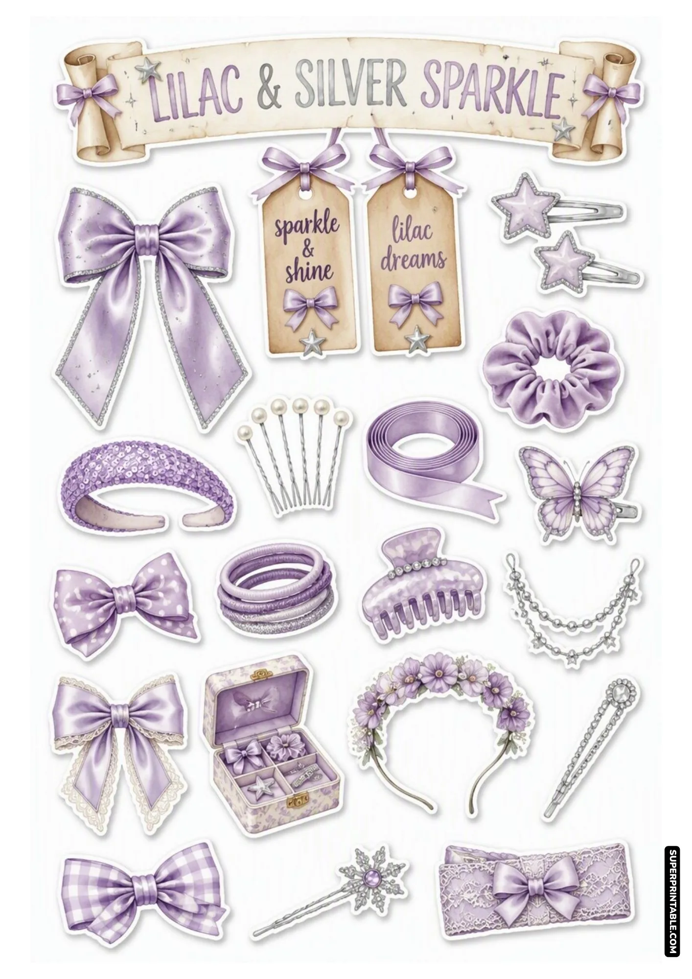 Lilac sparkle stickers with silver star hairpins, glittery bows, and purple headband.