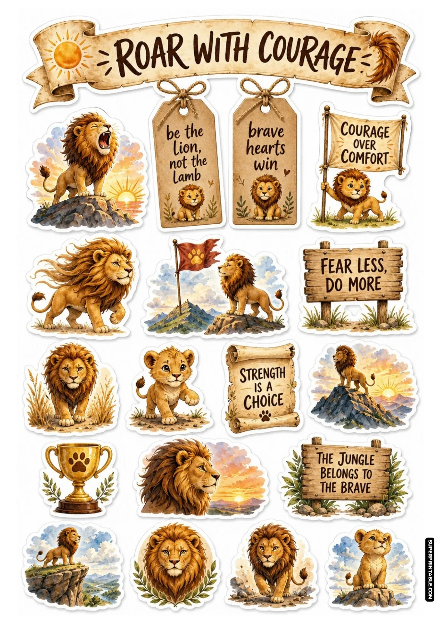 Golden lion sticker sheet showcasing roaring savanna beasts, cute cubs, and courageous quote banners