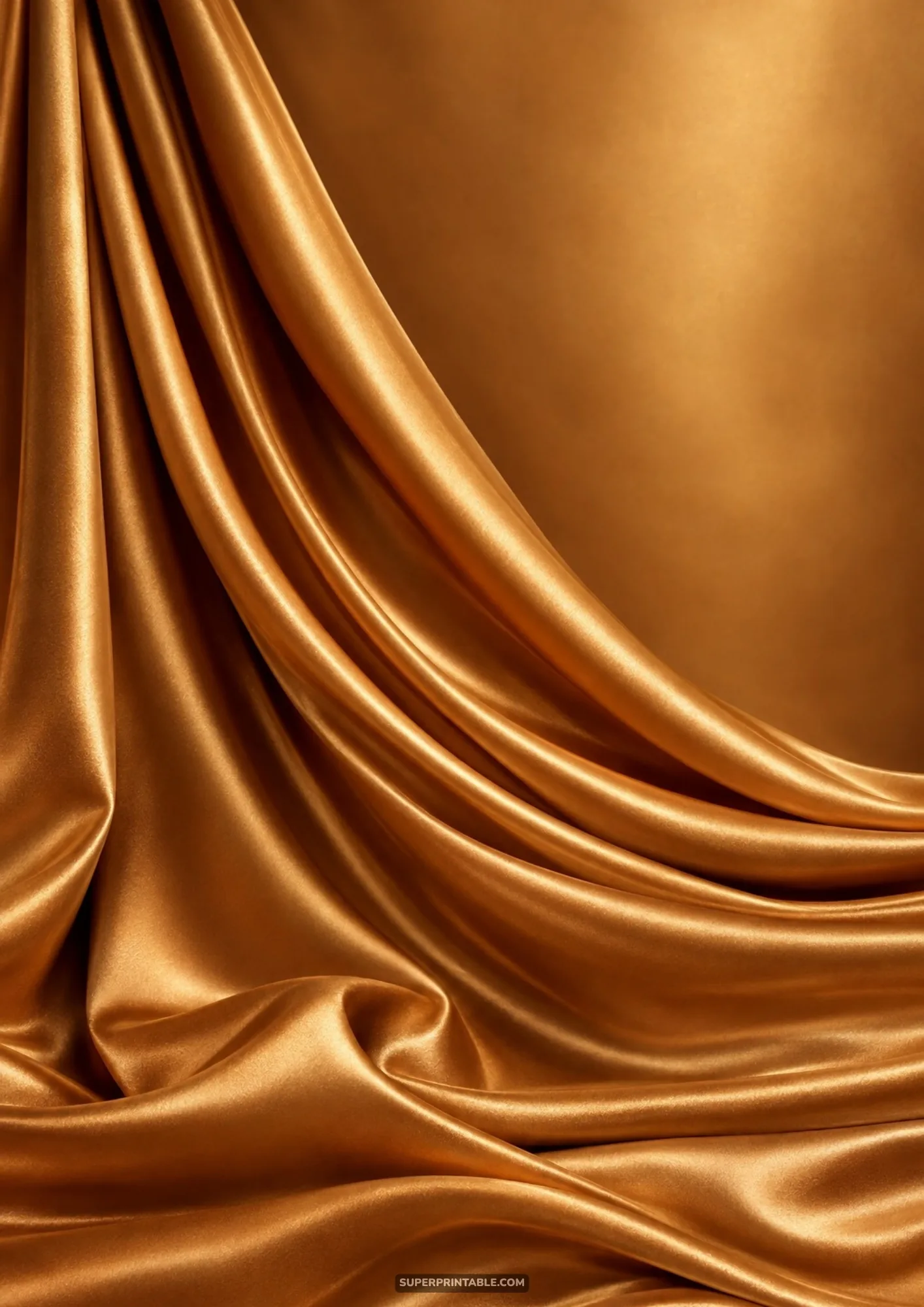 Rich golden bronze satin fabric draped in heavy cascading diagonal waves across a warm studio wall