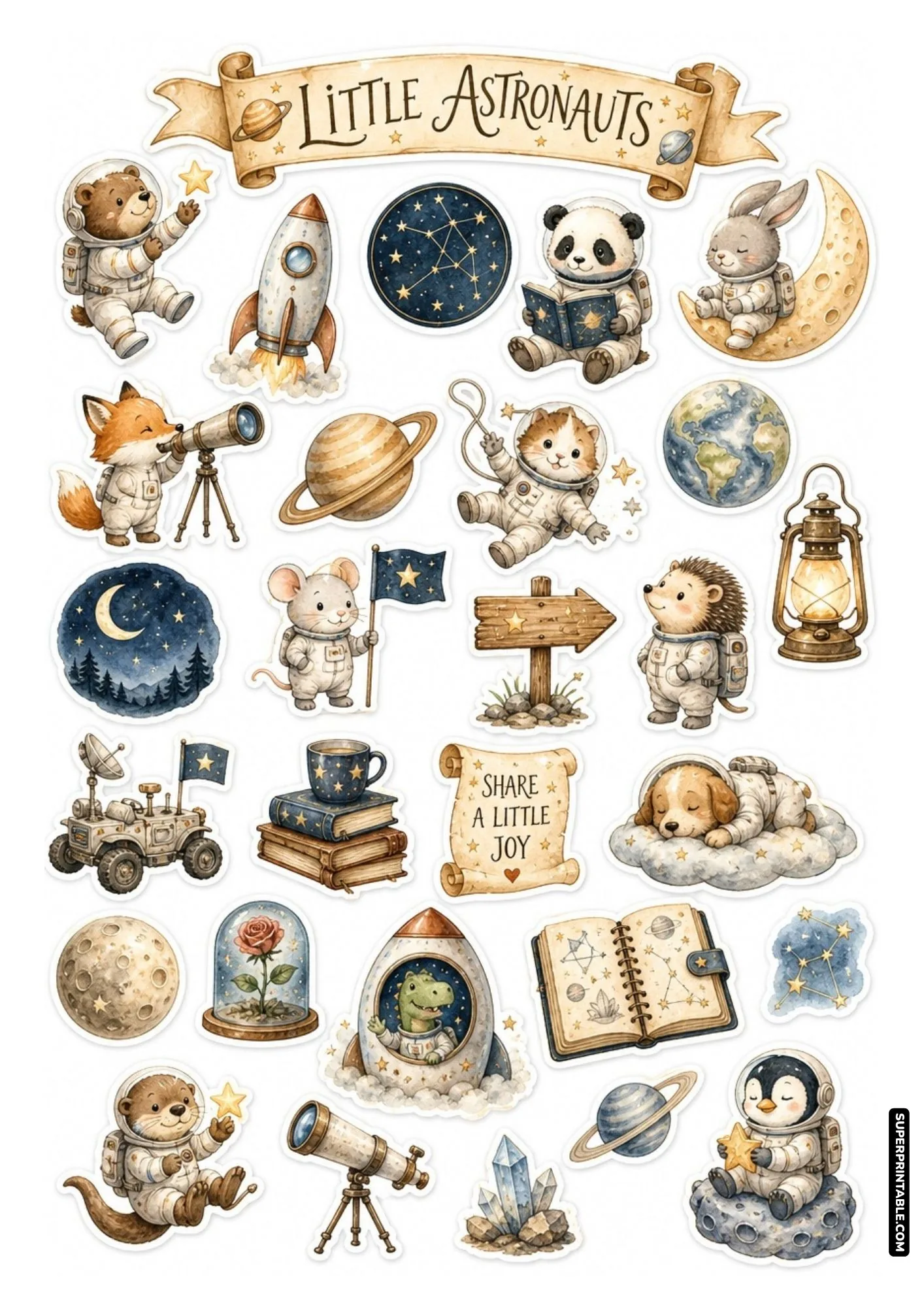 Cute astronaut panda, cat, and bear stickers holding stars and reading starry night books.