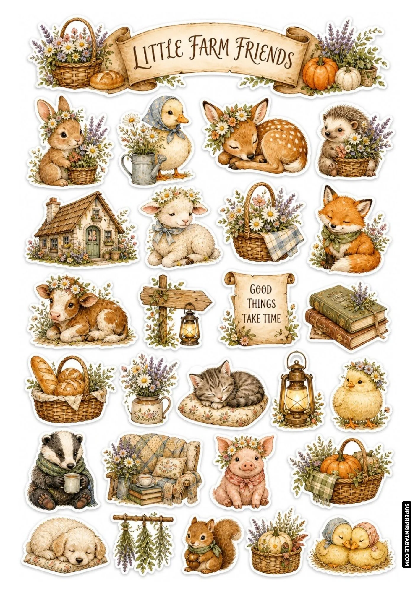 Little farm friends sticker sheet featuring baby fawn, lamb, chick, and calf in soft watercolor style.