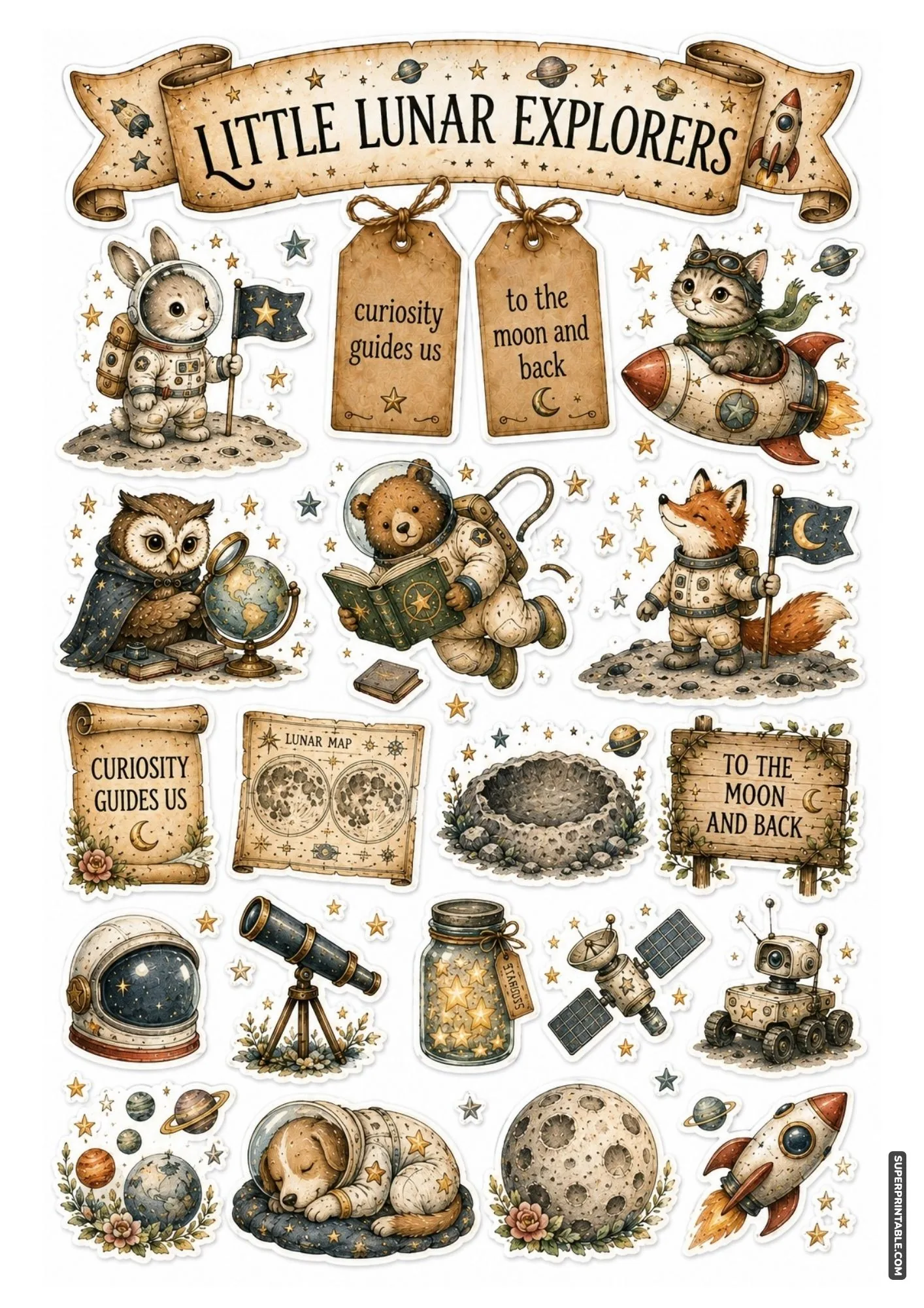 Little lunar explorers sticker sheet with adorable animal astronauts, moon rovers, and cosmic rockets.