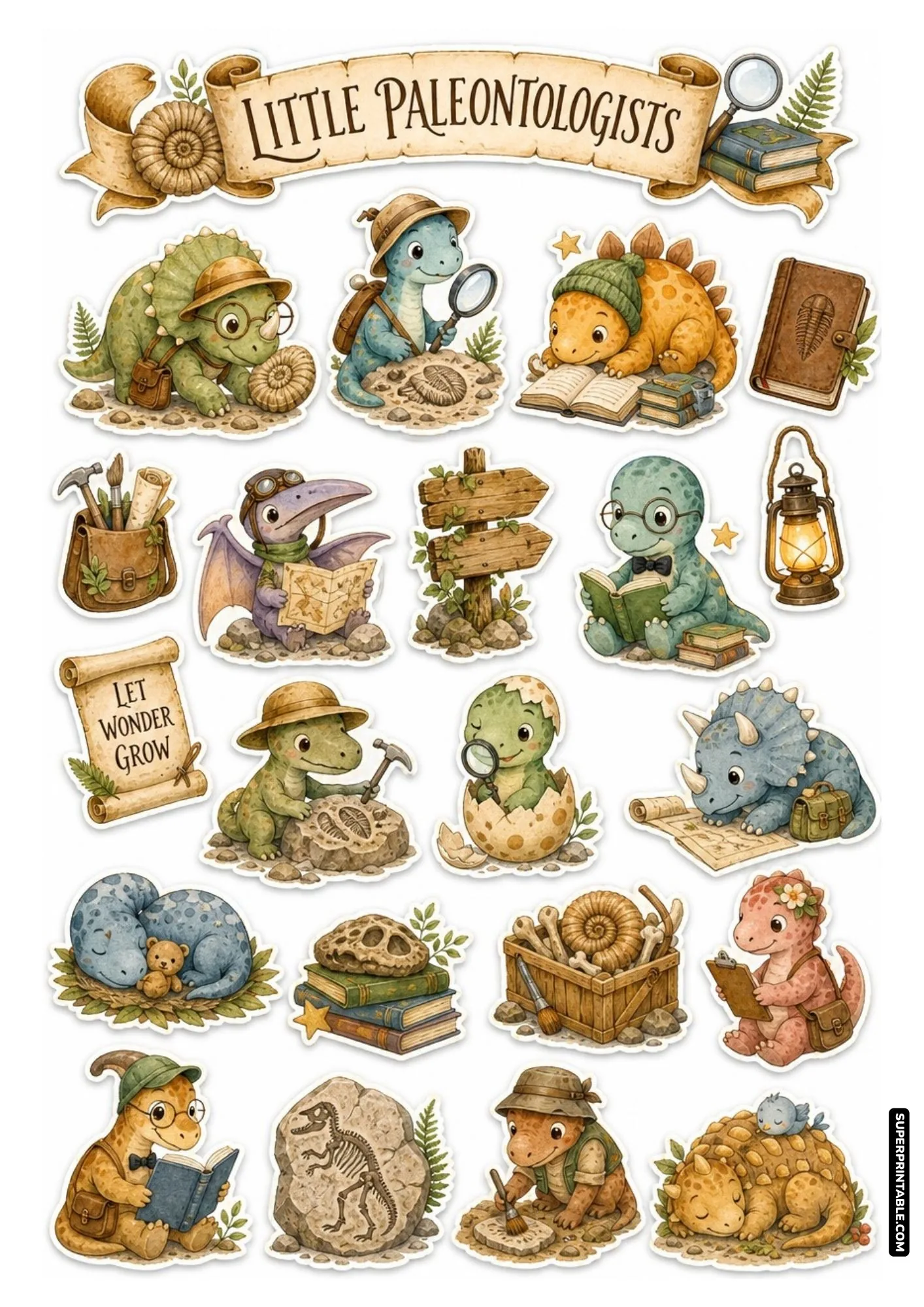Little paleontologists sticker sheet showing baby dinosaurs inspecting fossils and bones with brushes.