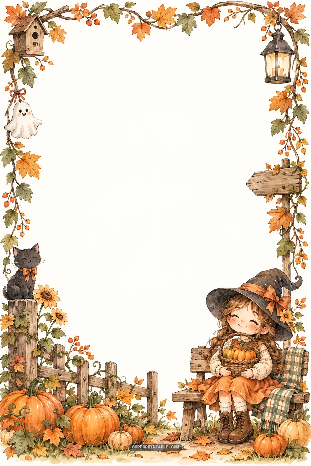 Autumn watercolor stationery border of a smiling little witch girl on a bench with a cute black cat.