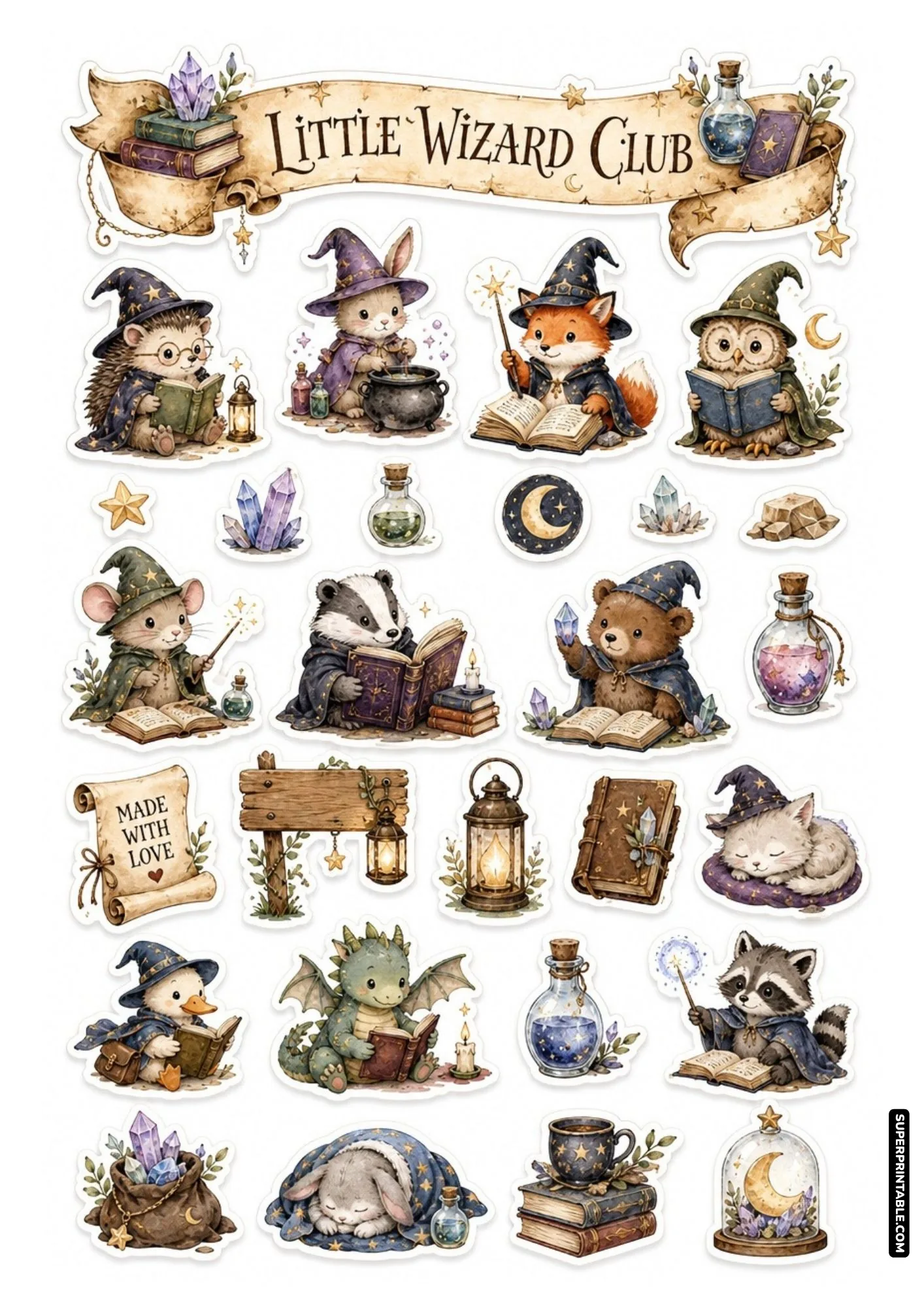 Printable wizard theme sticker sheet with adorable animal apprentices holding wands, spellbooks, and magical potion bottles.