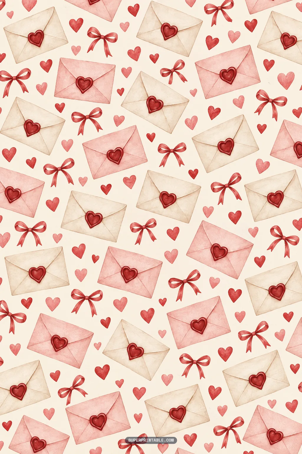 Vintage love letter envelopes sealed with red wax heart seals and adorned with ribbon bows