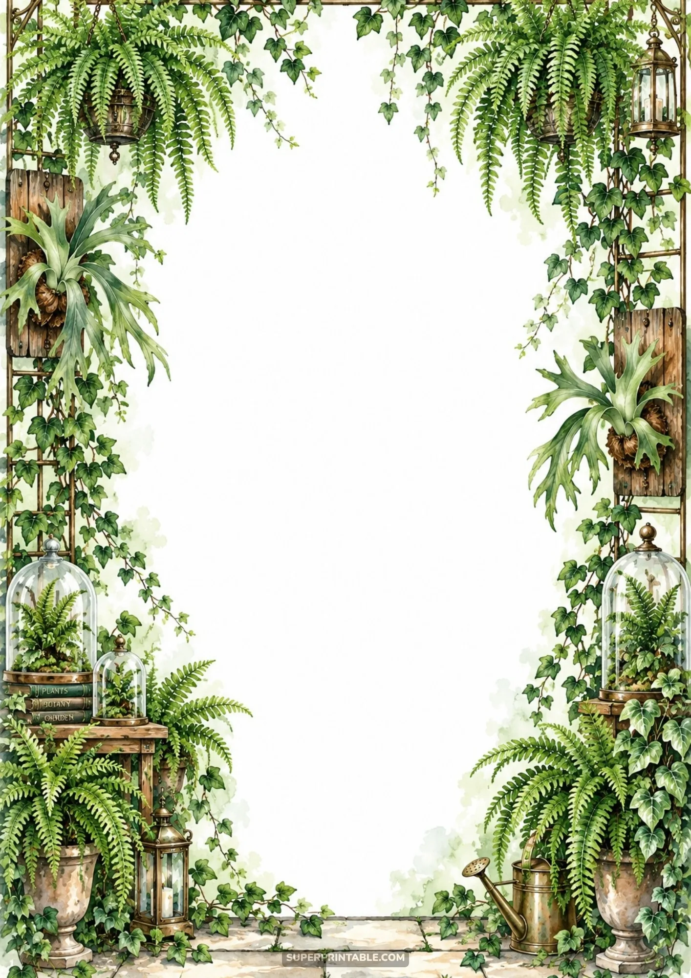 Lush green ferns in glass cloches and hanging baskets on a wooden trellis arch border