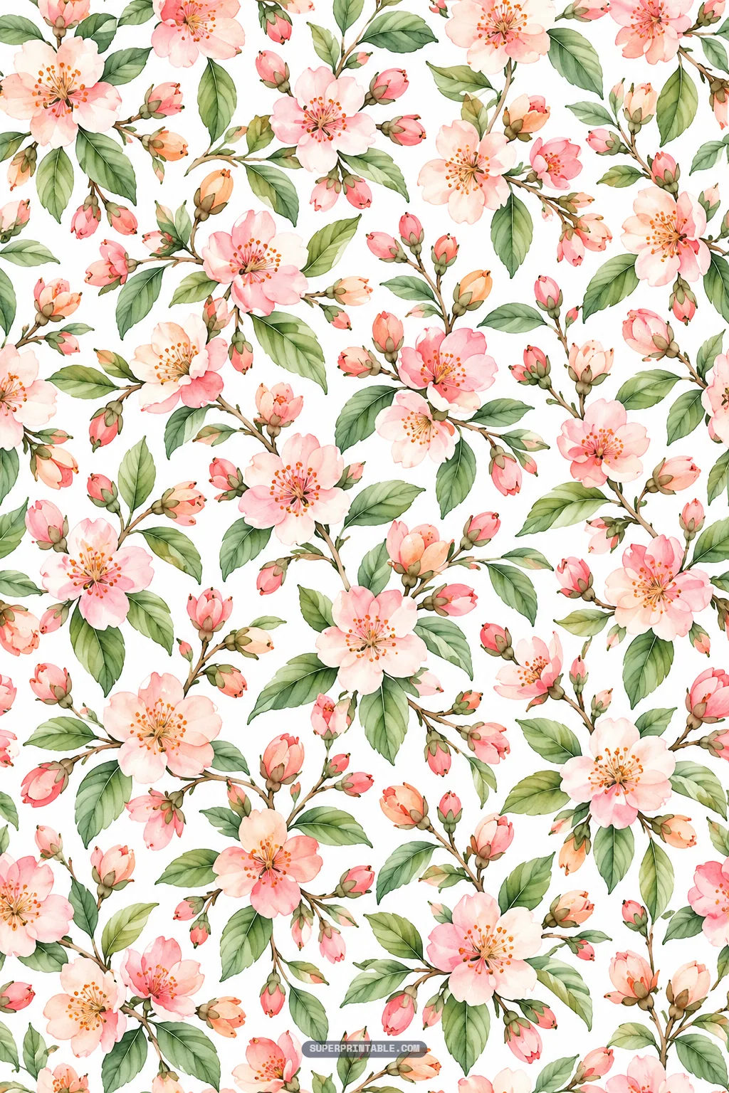 Dense watercolor floral pattern of pink nectarine orchard blossoms and lush green foliage.