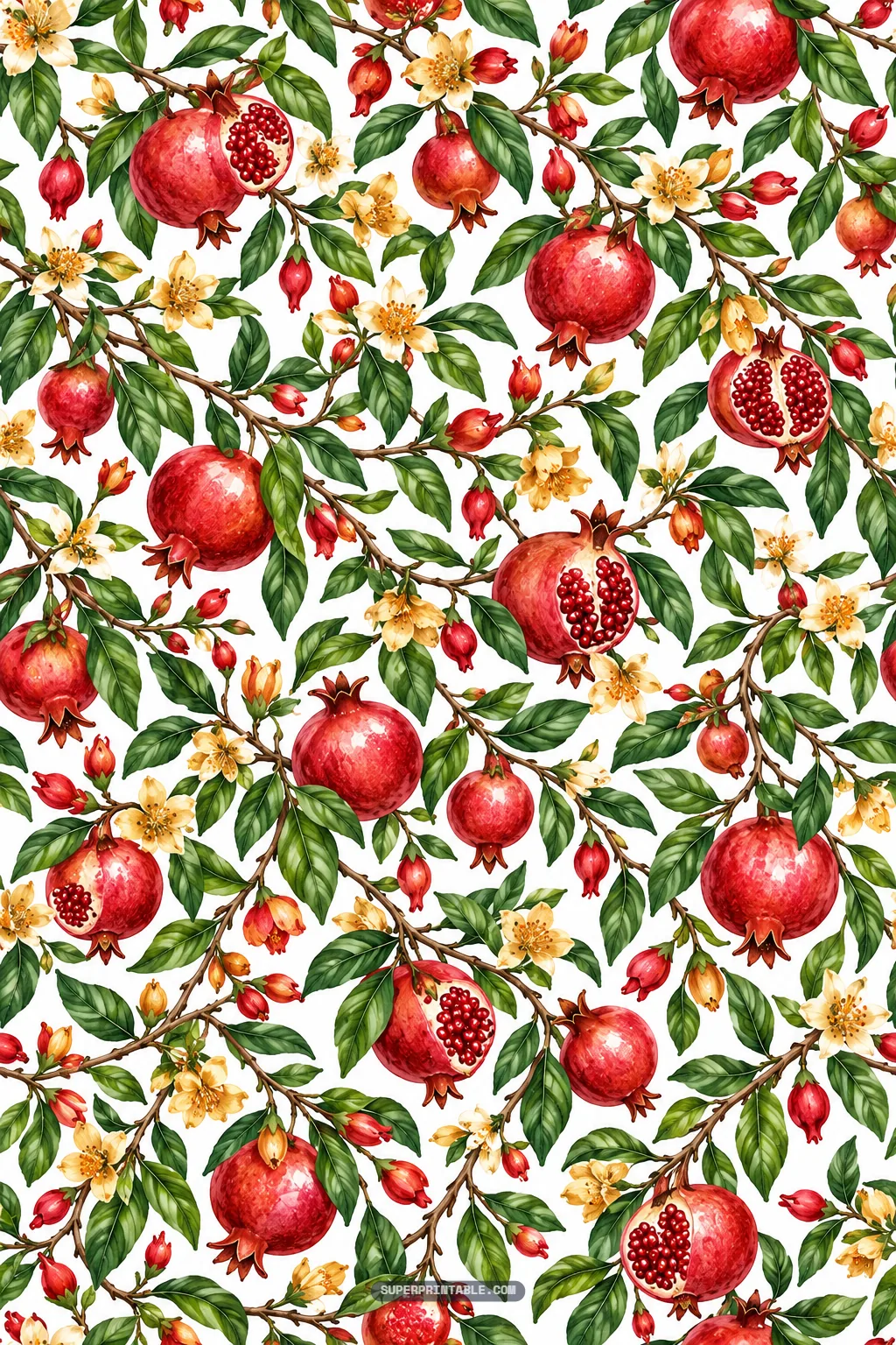 Lush botanical pomegranate branch pattern with leaves, blossoms, and hanging fruit