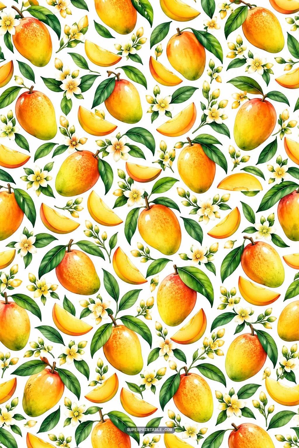 Seamless orchard pattern of ripe golden-red mangoes, juicy sliced wedges, and white flowers.