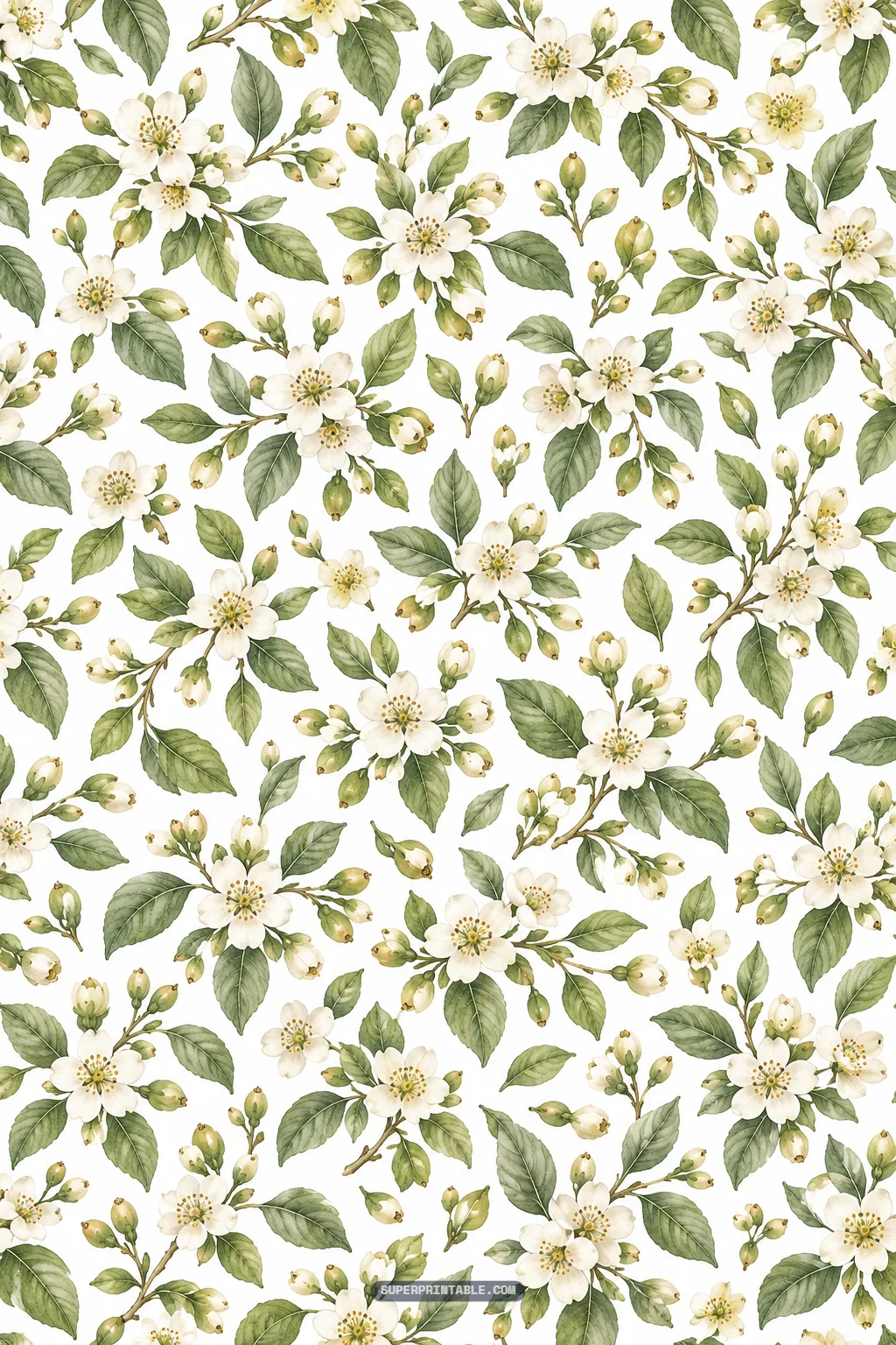 Dense floral pattern showcasing blooming white pear tree blossoms, tiny developing buds, and green leaves.