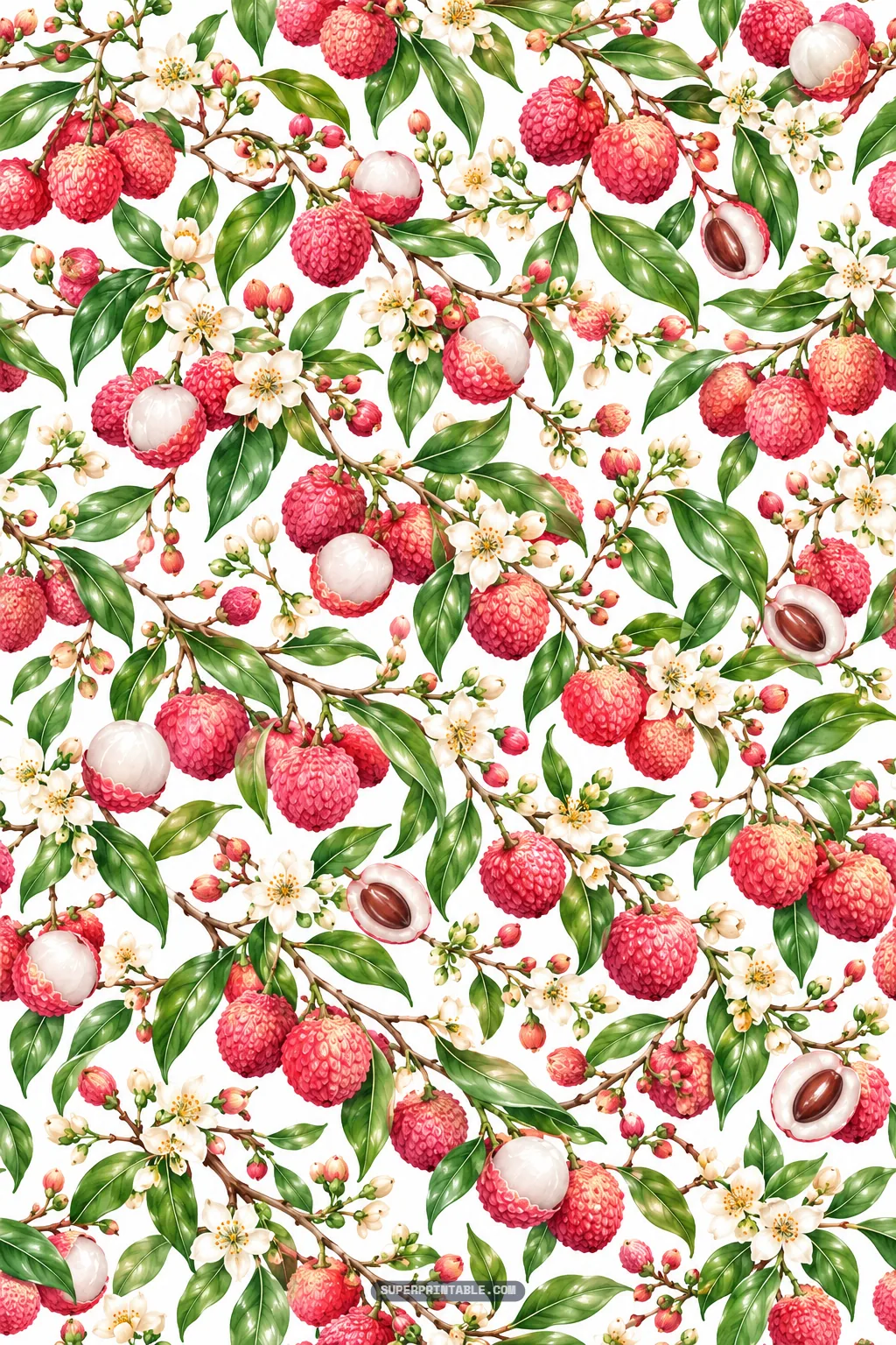 Dense botanical layout of leafy orchard branches heavy with ripe red lychees and white flower buds.