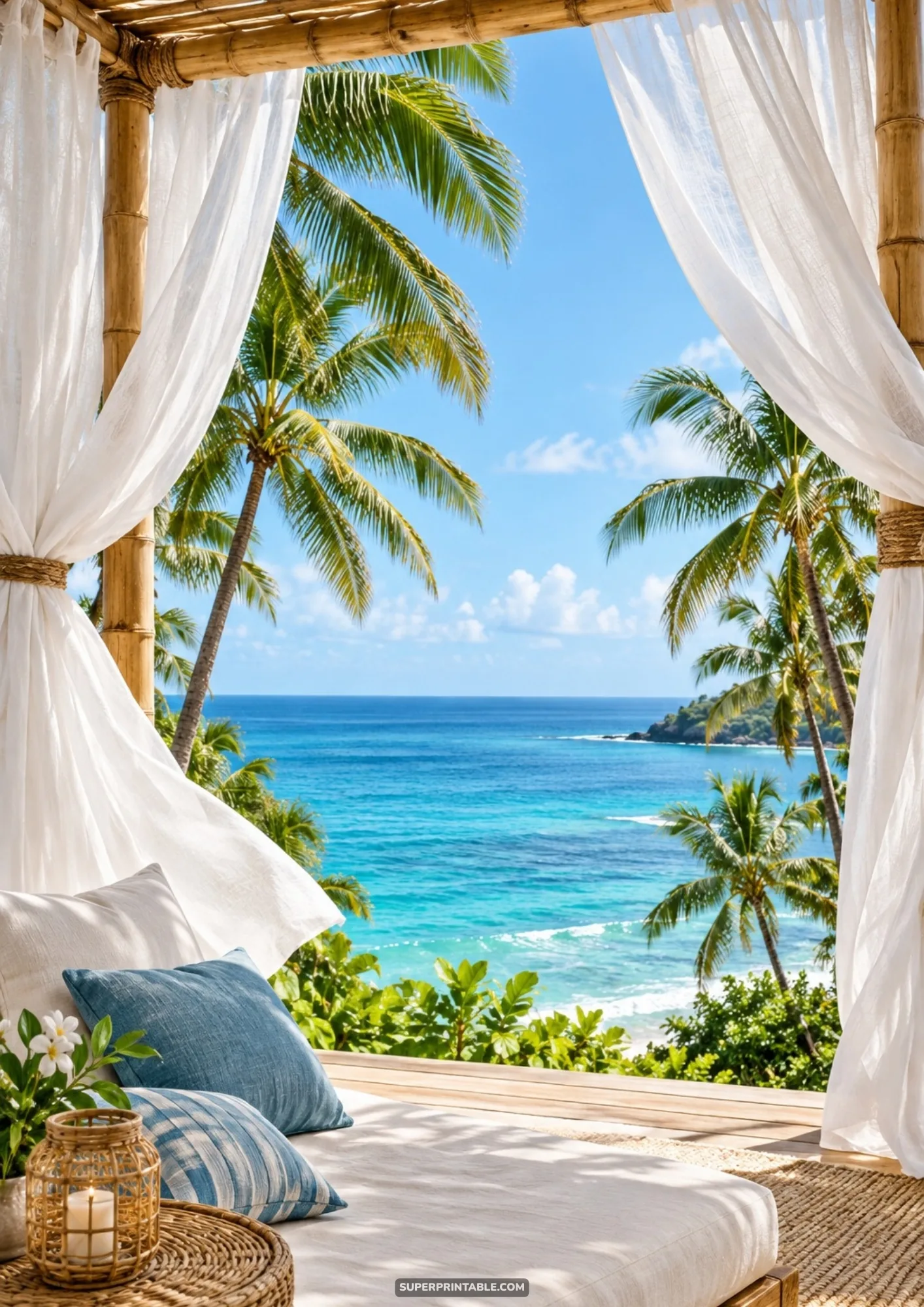 Bespoke bamboo beach gazebo lounge looking out to turquoise ocean waves