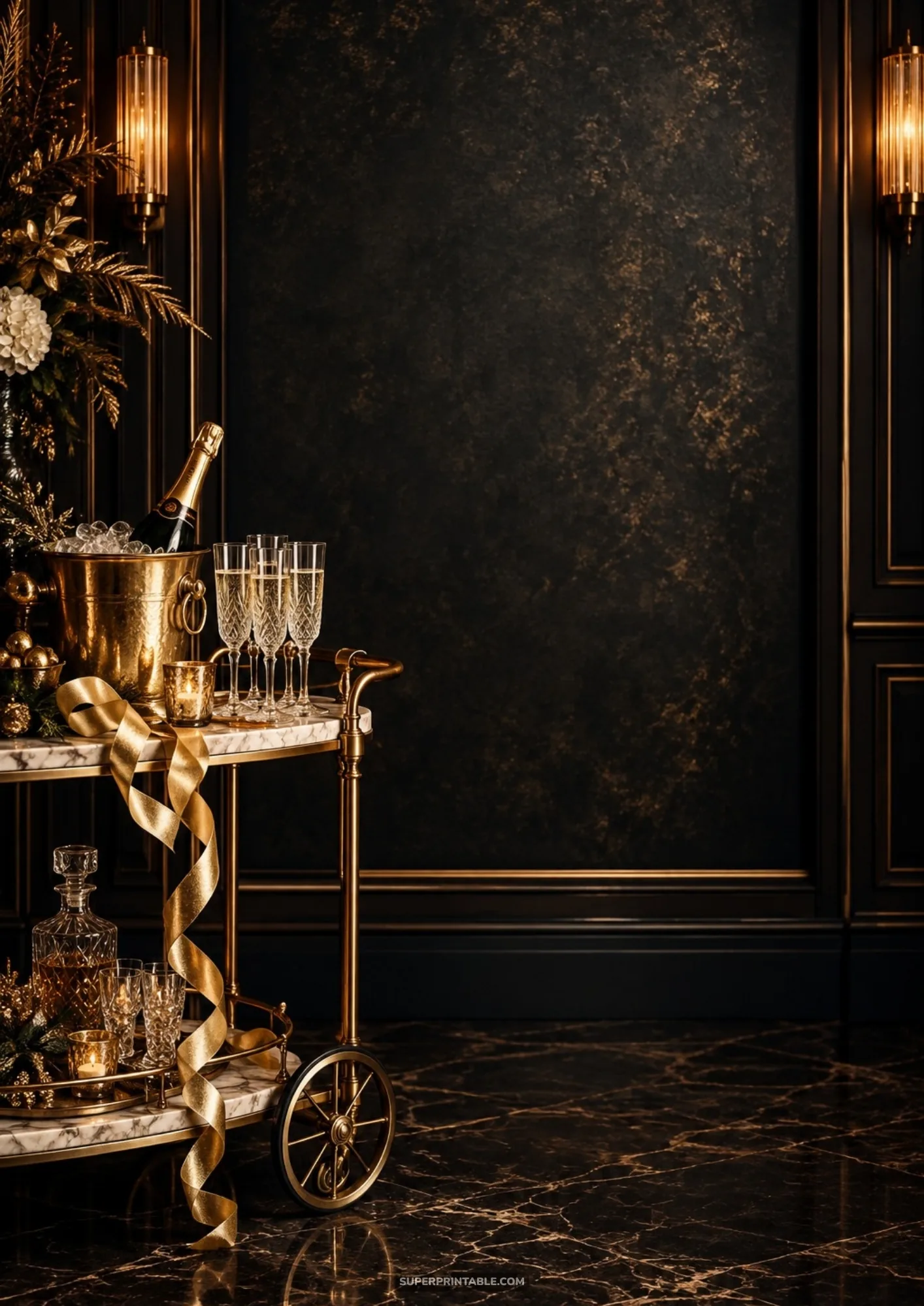 Brass bar cart with chilled champagne bottle, flutes, and glowing candles