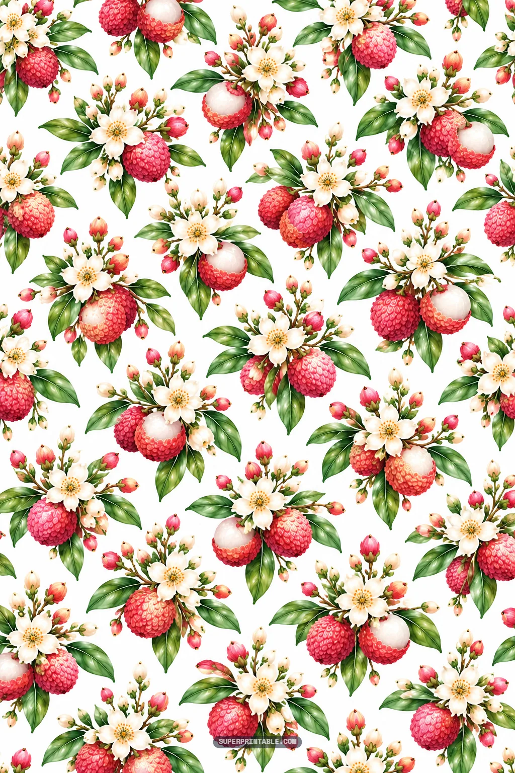 Arranged clusters of textured red lychees, white blossom bouquets, and green leaves on white.