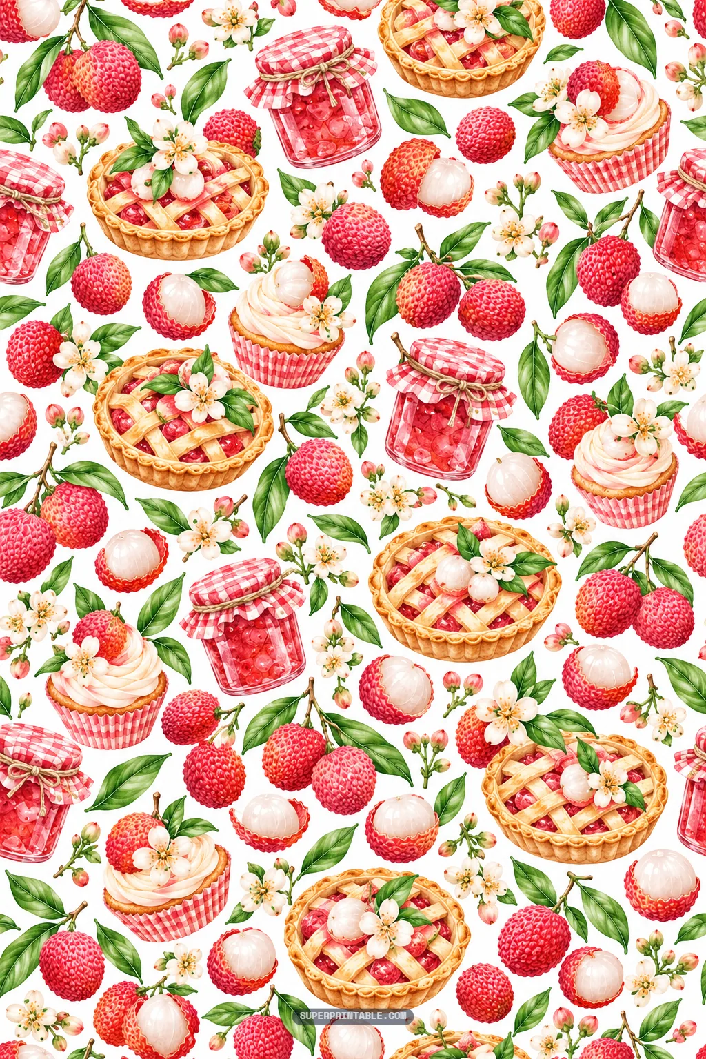 Artisanal bakery pattern with baked lychee lattice pies, frosted cupcakes, and red preserve jars.