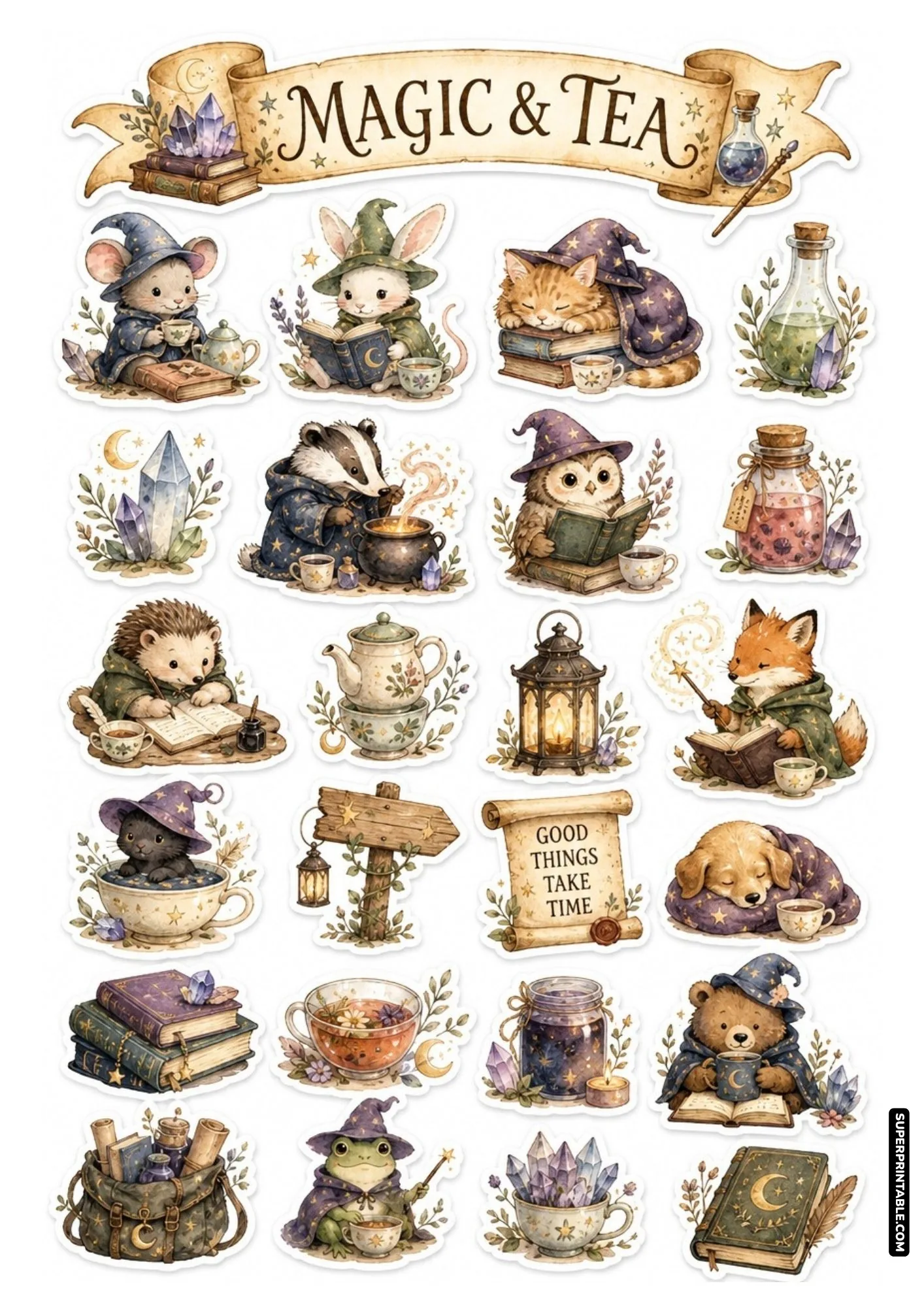 Adorable magical tea time sticker layout with wizard animals drinking tea, reading books, and resting on cushions.