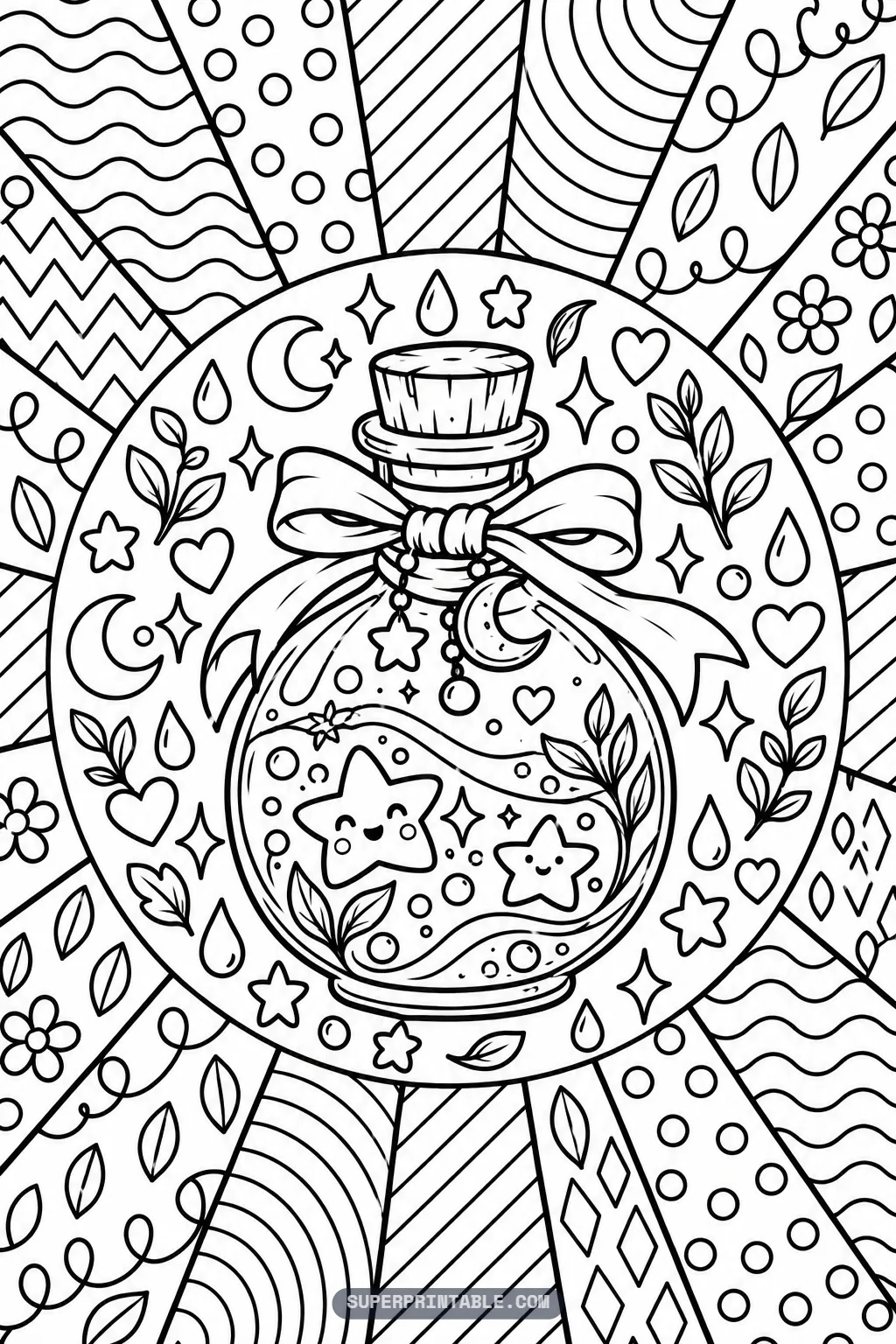 Glass magic potion bottle tied with ribbon containing smiling glowing stars inside a botanical pattern ring