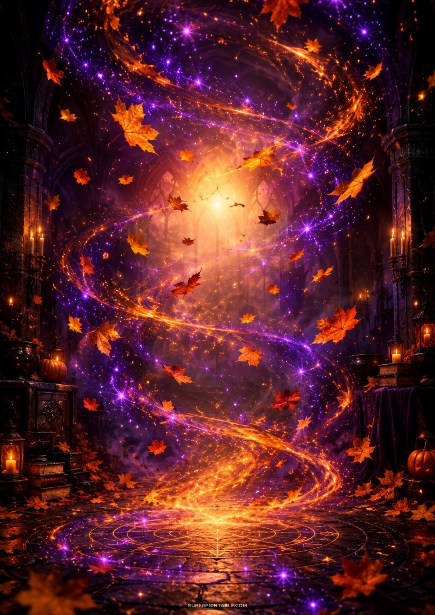 Glowing magical ritual circle emitting a swirling vortex of luminous autumn leaves and purple sparks in a stone chamber