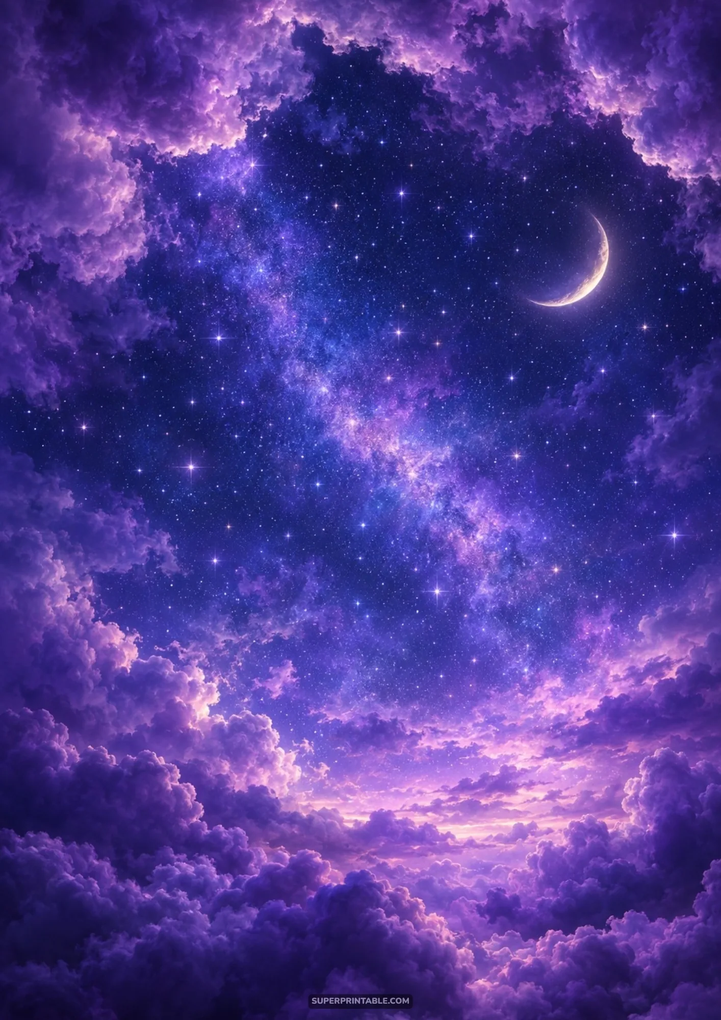 Mystical night sky framed by glowing purple clouds, a bright crescent moon, and sparkling stars