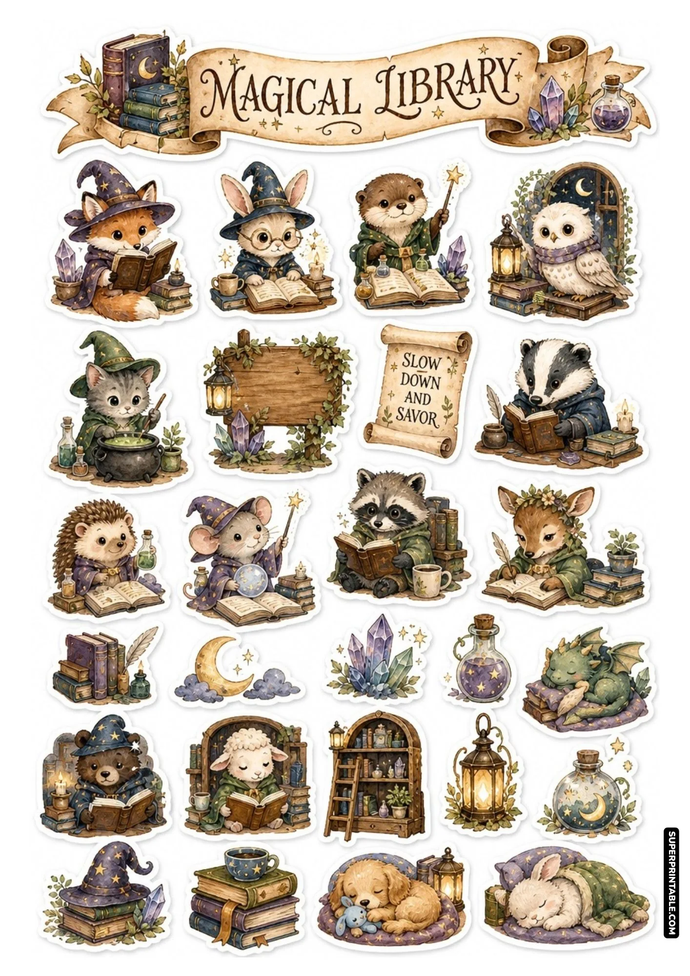 Magical library themed sticker sheet featuring wizard animals reading spellbooks, cozy bookcases, and magic scroll quotes.