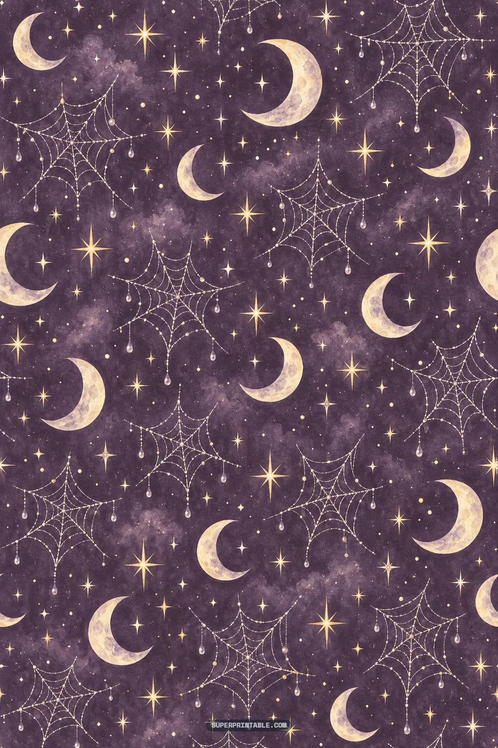 Delicate spiderwebs dripping with morning dew beads beside luminous crescent moons in deep purple