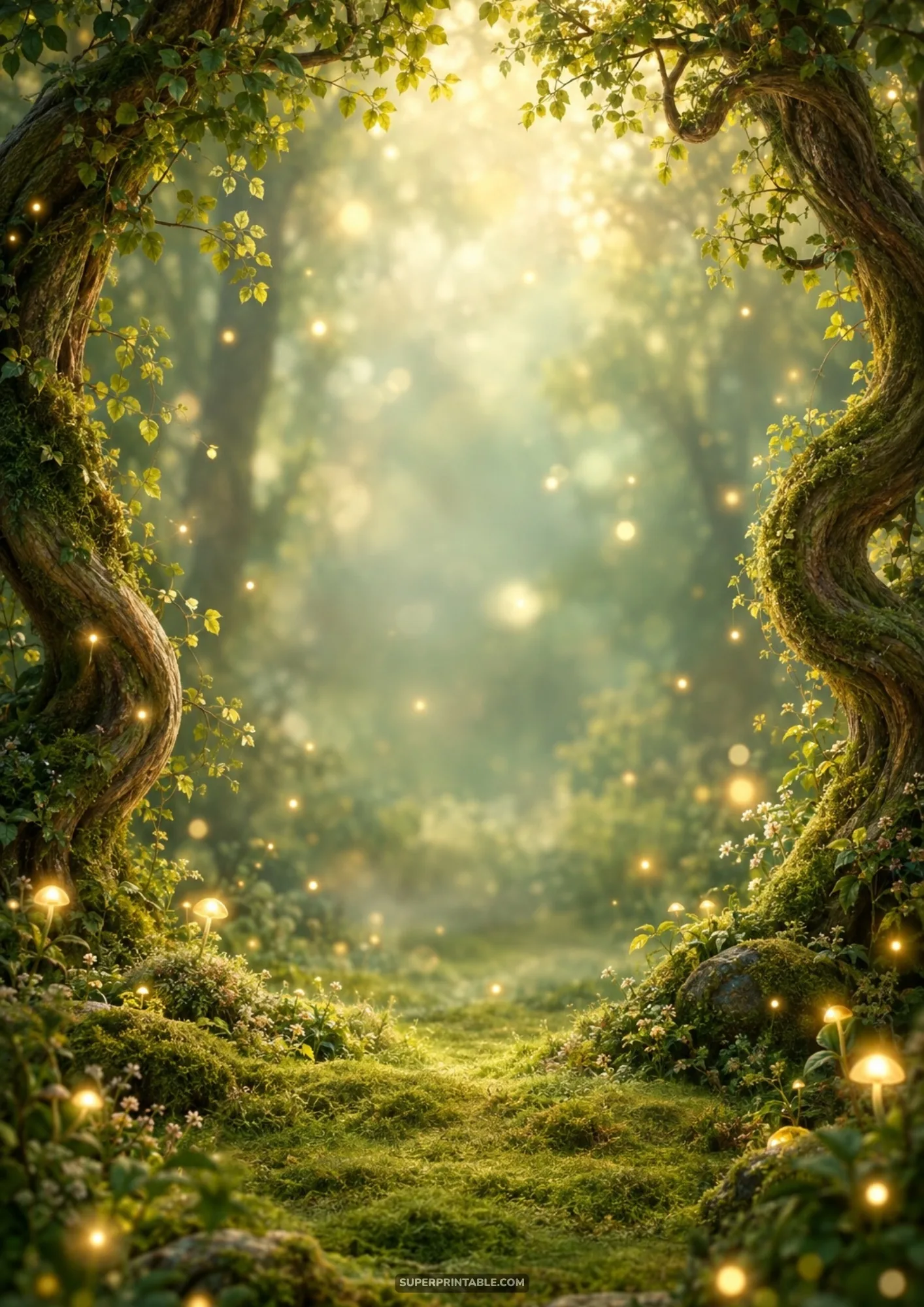 Twisted tree archway opening to a sun-dappled magical glade filled with warm glowing fairy lights