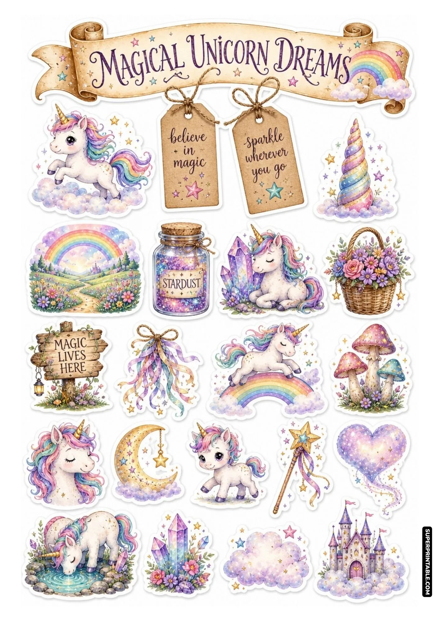 Mythical creatures sticker sheets featuring pastel rainbow unicorns, stardust jars, fairy castles, and magical wands.