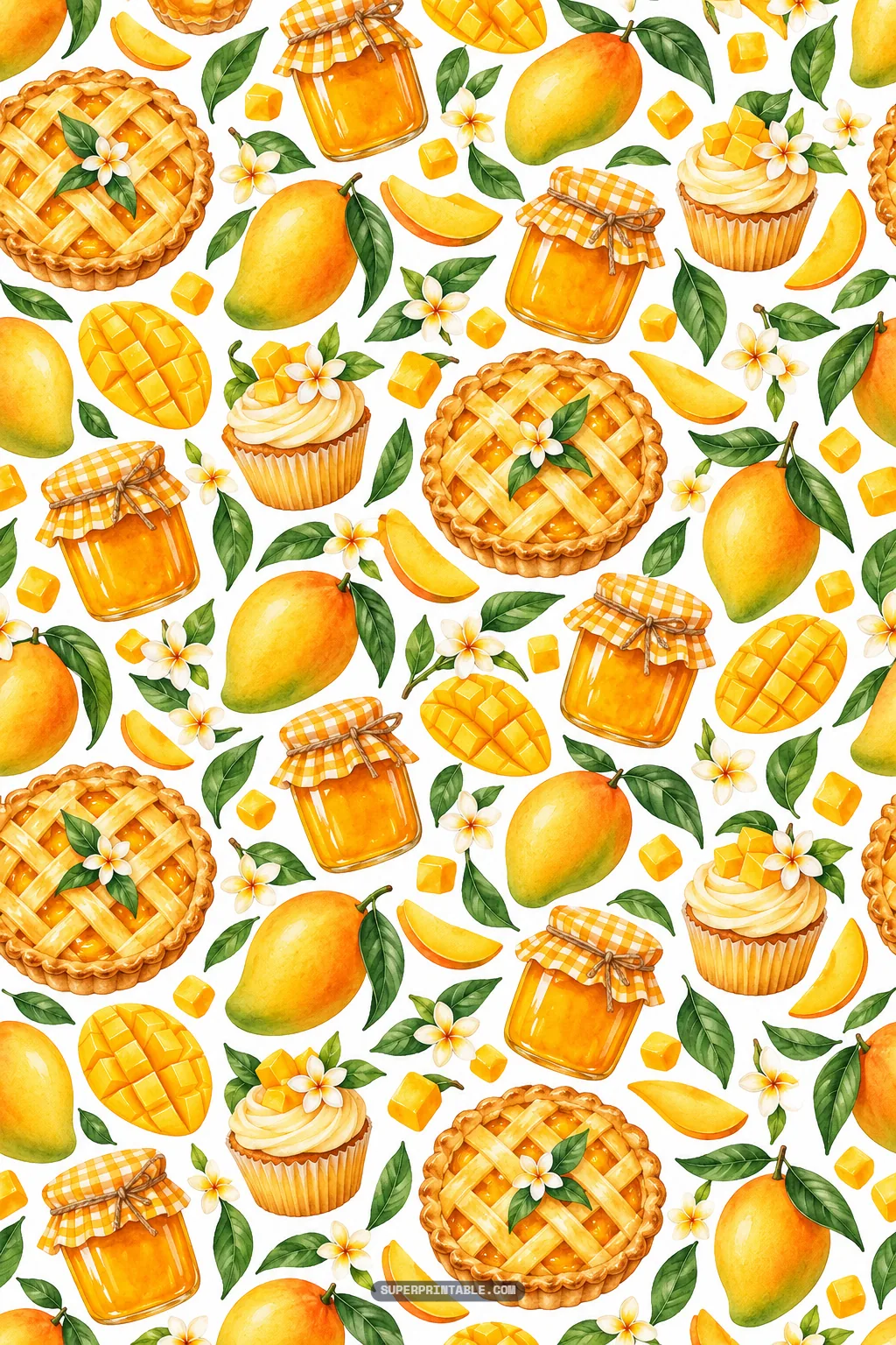 Sweet dessert pattern featuring lattice mango pies, frosted cupcakes, preserve jars, and fruit.