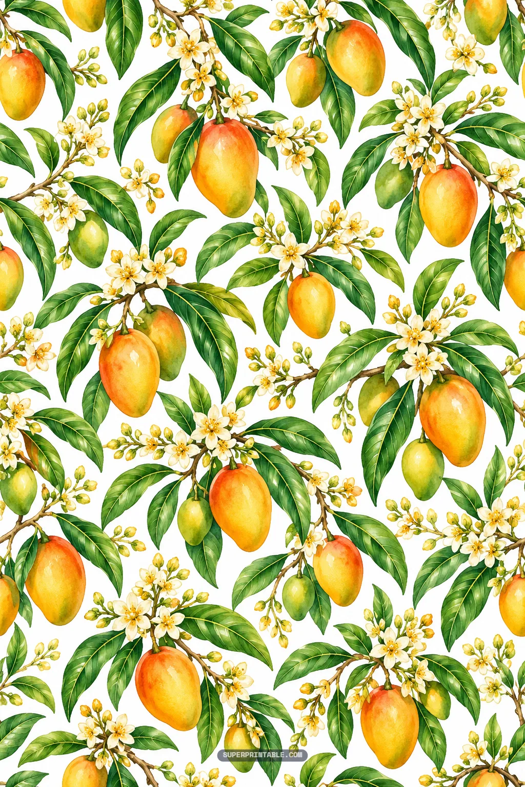 Botanical watercolor pattern of woody branches with ripening mangoes and flowering blossoms.