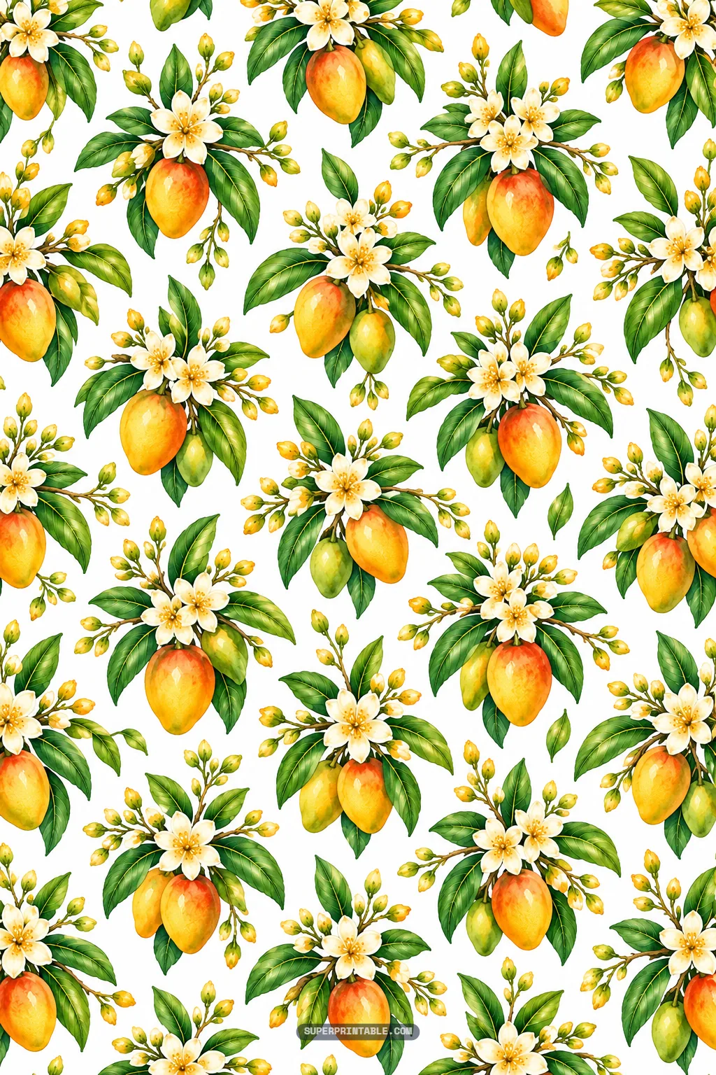 Repeating watercolor bouquets of paired ripe mangoes, delicate white flowers, and green leaves.
