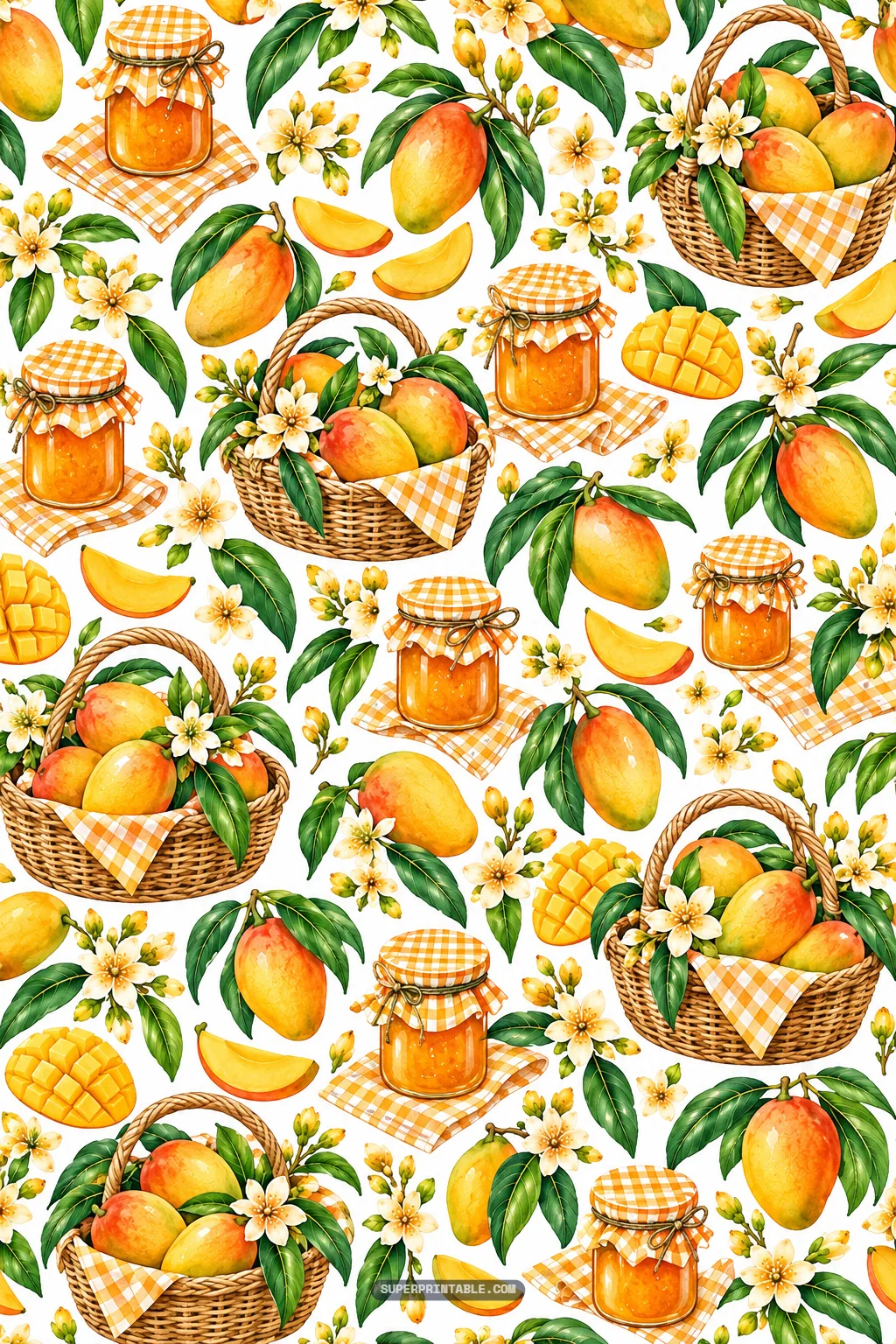 Mango orchard digital papers depicting wicker harvest baskets, homemade jam jars, and ripe fruit.
