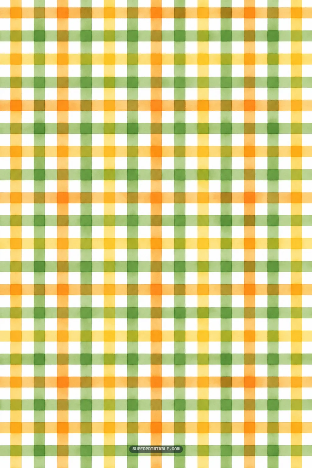 Classic watercolor gingham check pattern in harmonious orchard tones of orange, yellow, and green.