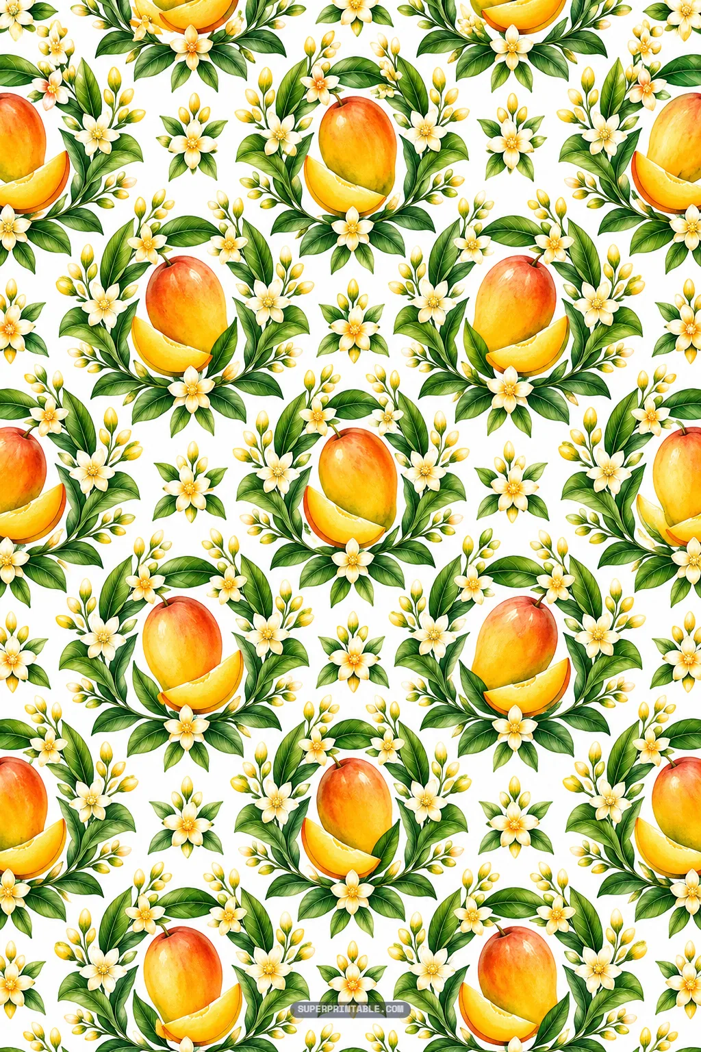Mango orchard digital papers showcasing ripe golden mangoes nestled in leafy floral wreaths.