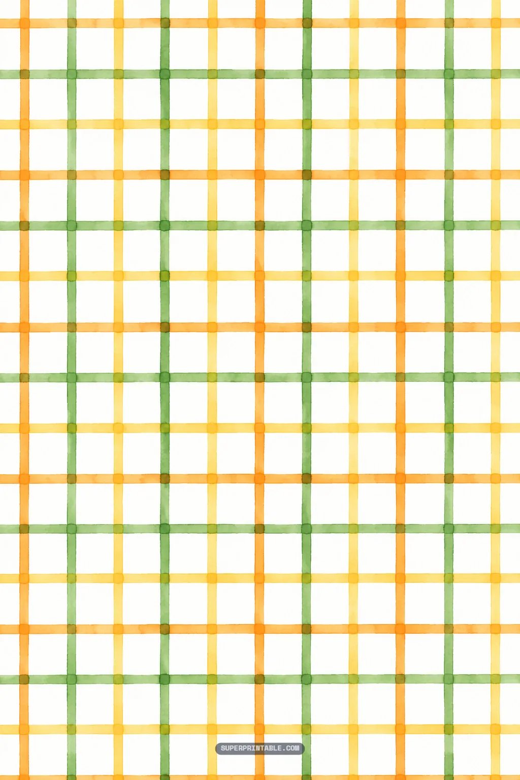 Crisp geometric windowpane plaid in watercolor shades of orchard green, mango orange, and yellow.