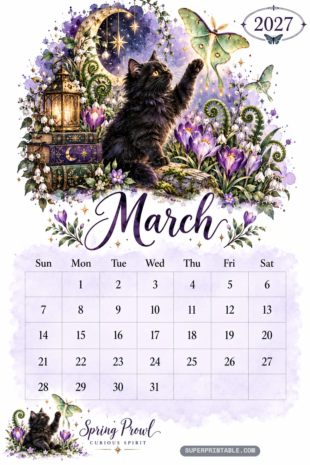 Playful black cat reaching toward a glowing green luna moth amid purple crocuses and fiddlehead ferns